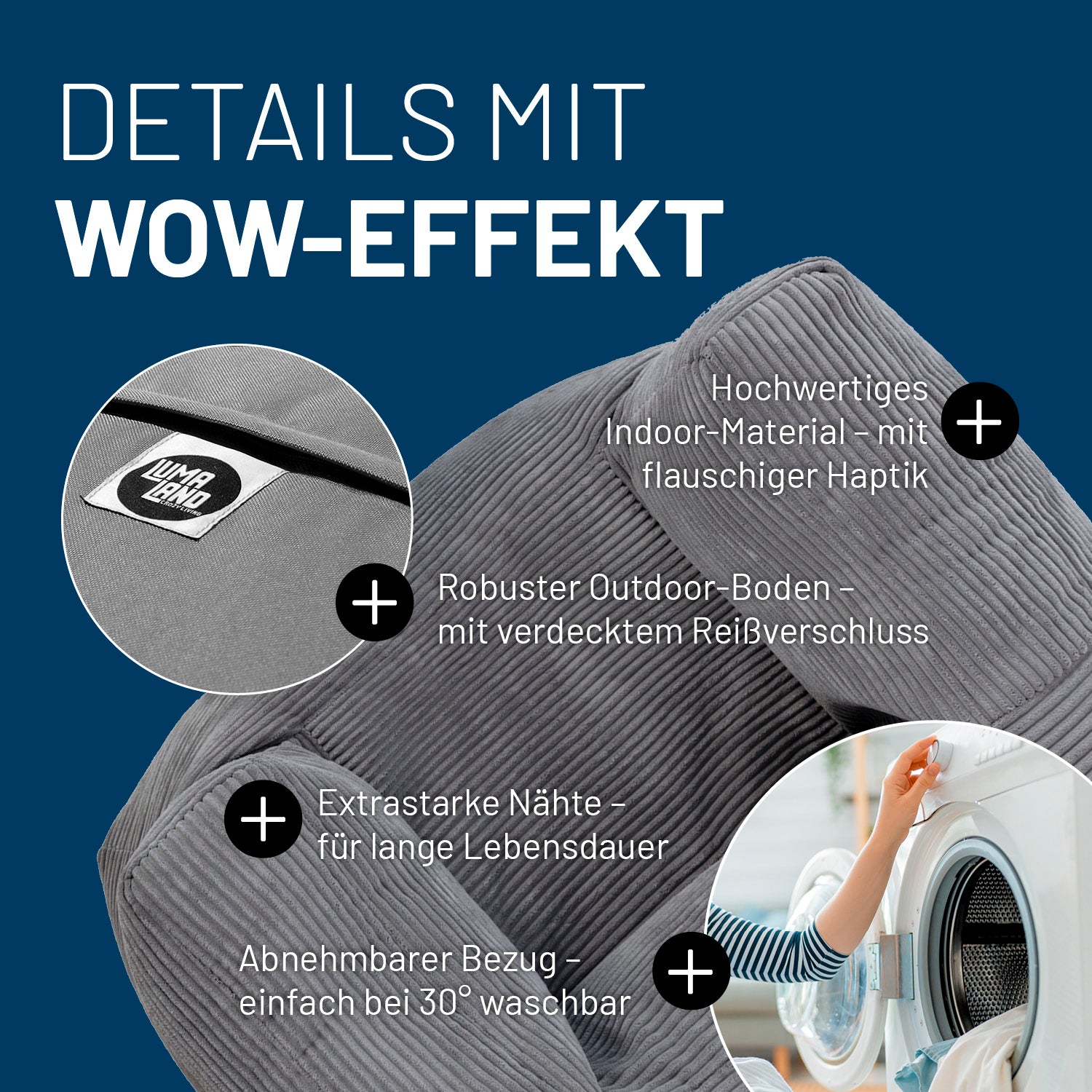 Modularer Sessel in Grau mit Produktinformationen: Verdeckter Reißverschluss, robuste Unterseite, waschbarer Bezug und extrastarke Nähte.