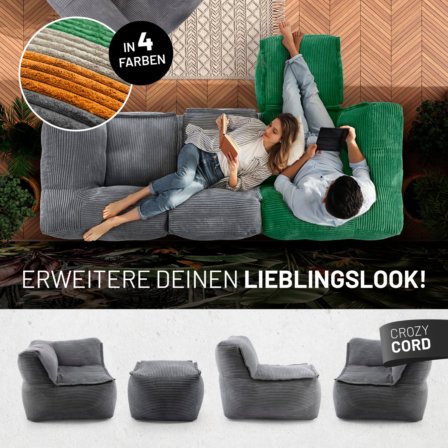Frau mit Buch und Mann mit Tablet entspannen auf dem Cord-Sofa in einem modernen Wohnzimmer aus der Vogelperspektive - Darunter passende Produkte in anderen Shapes.