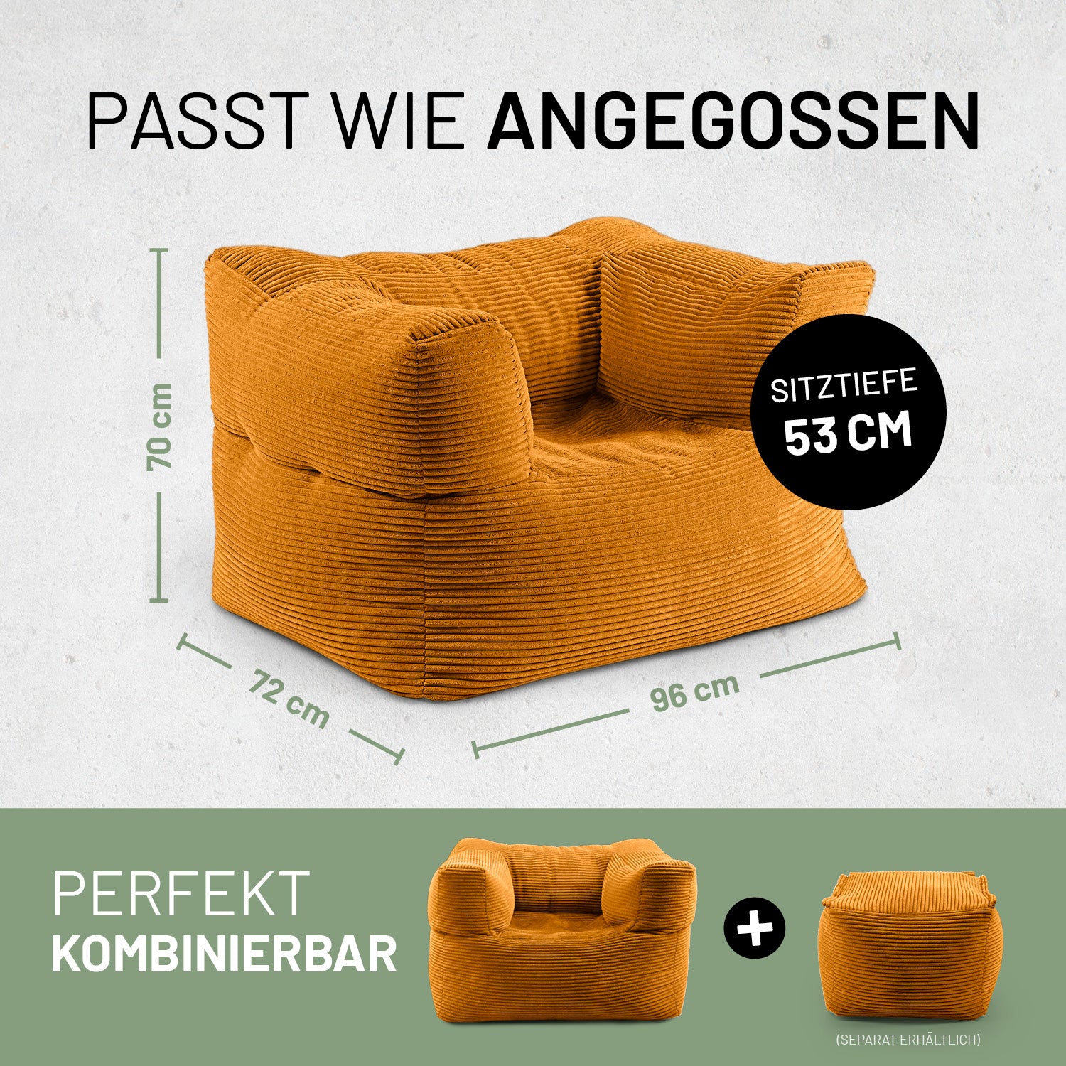 Senfgelber, weich gepolsterter Sessel mit Maßen 70×72×96 cm und 53 cm Sitztiefe, unten ergänzt durch kombinierbaren passenden Hocker.