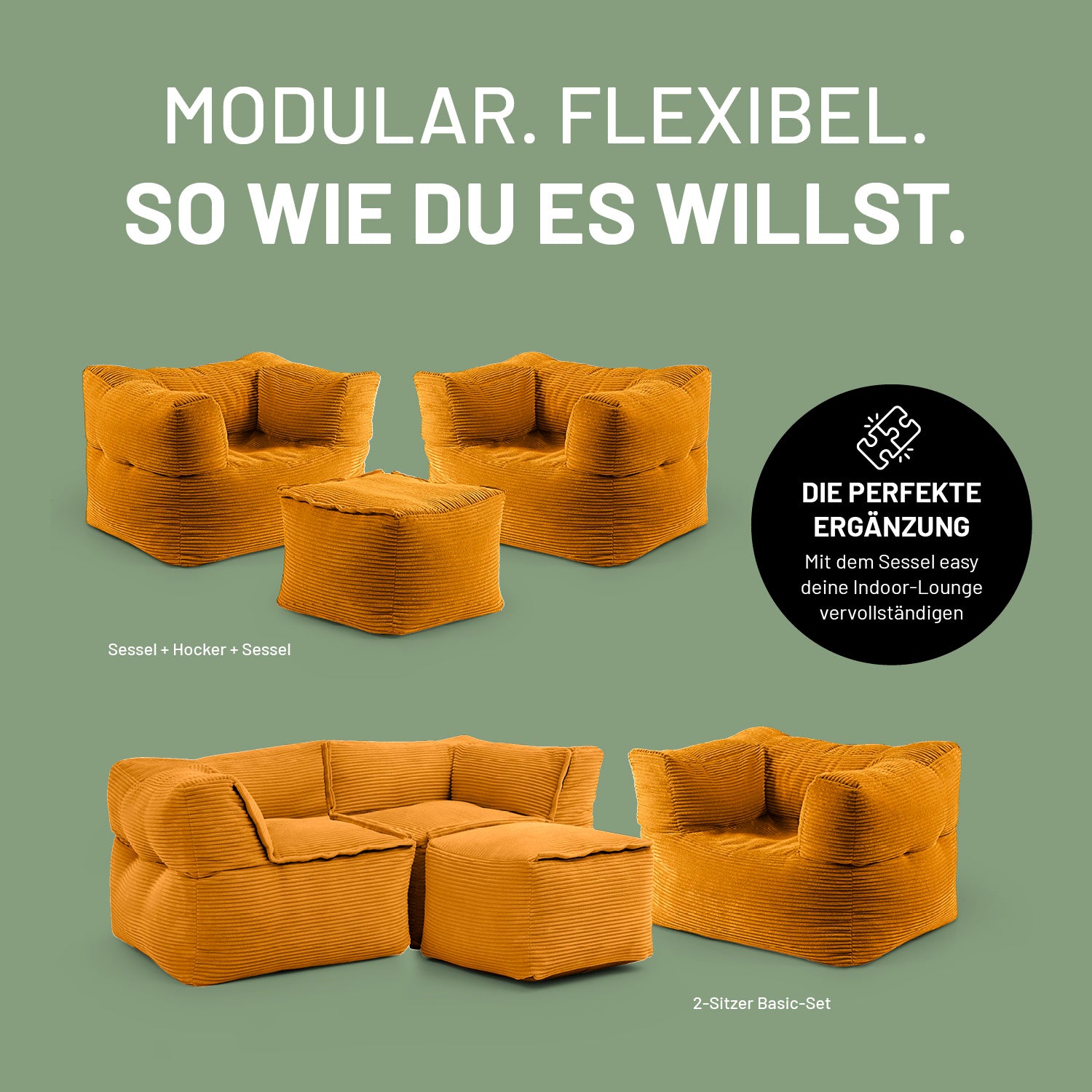 Sessel und Hocker des LUMALAND Modularen Systems in variablen Kombinationen, flexibel erweiterbar für individuelle Indoor-Lounge-Layouts.