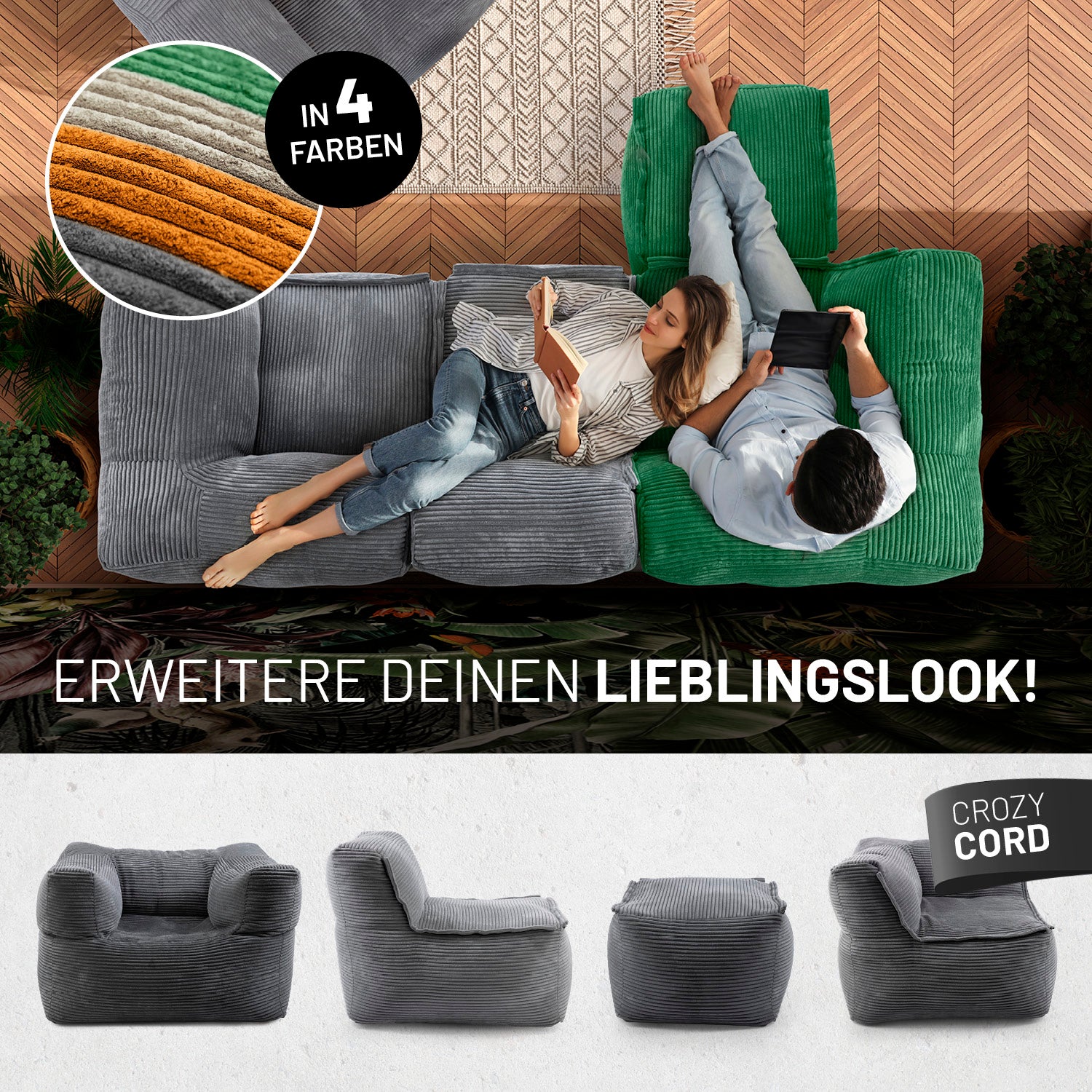 Frau mit Buch und Mann mit Tablet entspannen auf dem Cord-Sofa in einem modernen Wohnzimmer aus der Vogelperspektive - Darunter passende Produkte in anderen Shapes.