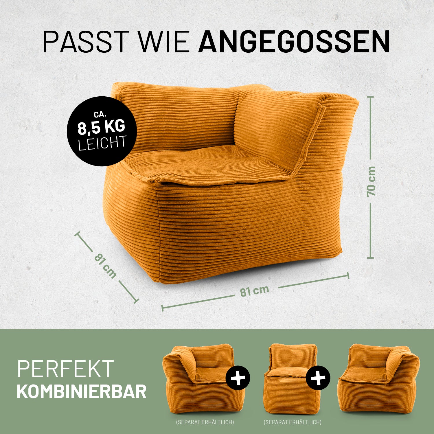 Senfgelbe, weich gepolsterte Ecke mit Maßen 81×81×70 cm Maßen und ca. 8,5 kg Gewicht, perfekt kombinierbar mit weiteren modularen Sitzelementen.