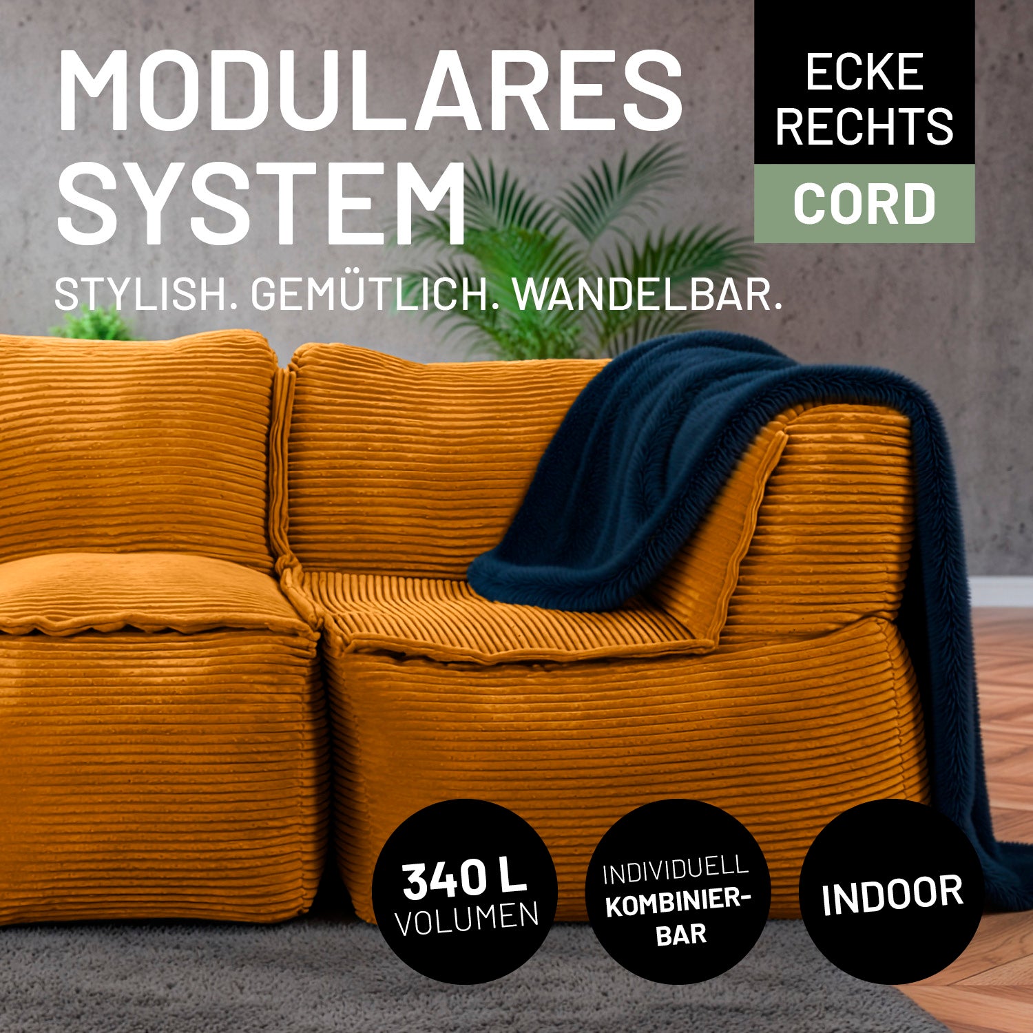 Senfgelbe Cord-Ecke im modernen Wohnraum mit Decke dekoriert. Icons "340-Liter-Füllvolumen", "Individuell kombinierbar" und "Indoor."