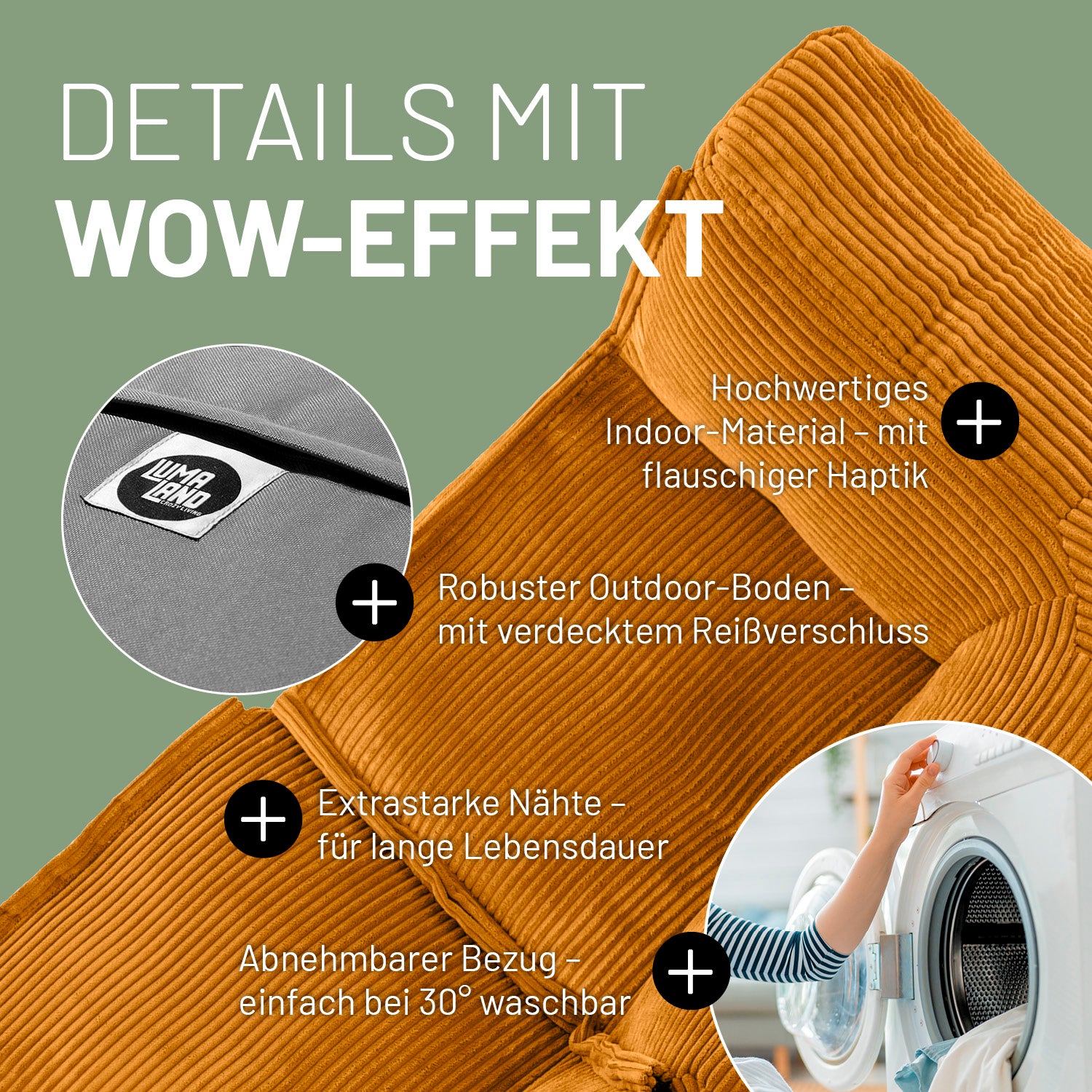 Modulares Eckteil in Senfgelb mit Produktinformationen: Verdeckter Reißverschluss, robuste Unterseite, waschbarer Bezug und extrastarke Nähte.