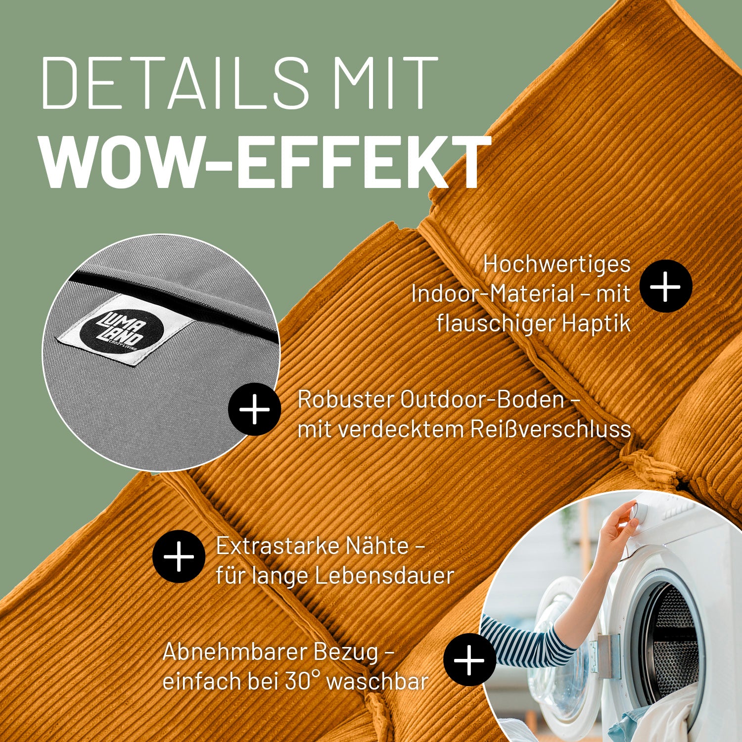 Modulares Mittelteil in Senfgelb mit Produktinformationen: Verdeckter Reißverschluss, robuste Unterseite, waschbarer Bezug und extrastarke Nähte.