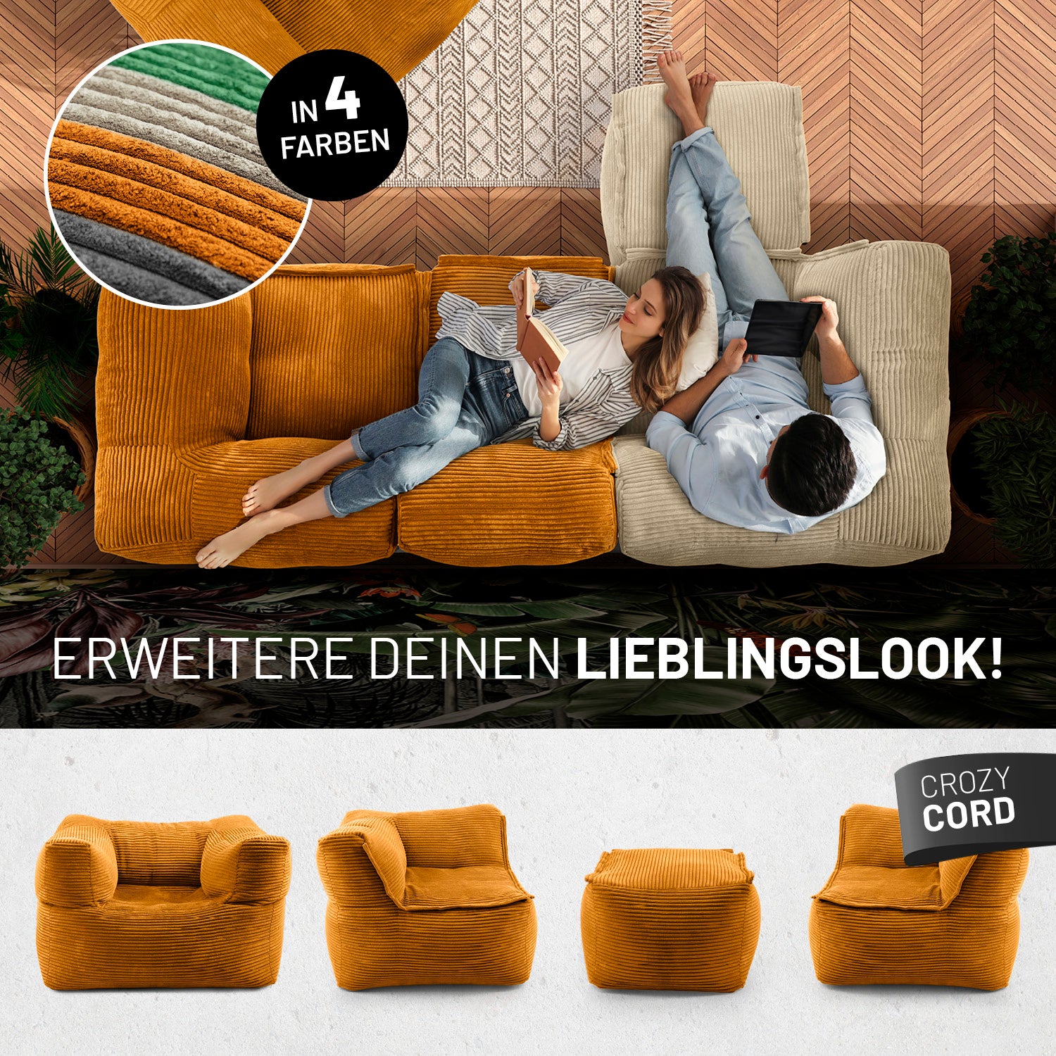 Frau mit Buch und Mann mit Tablet entspannen auf dem Cord-Sofa in einem modernen Wohnzimmer aus der Vogelperspektive - Darunter passende Produkte in anderen Shapes.