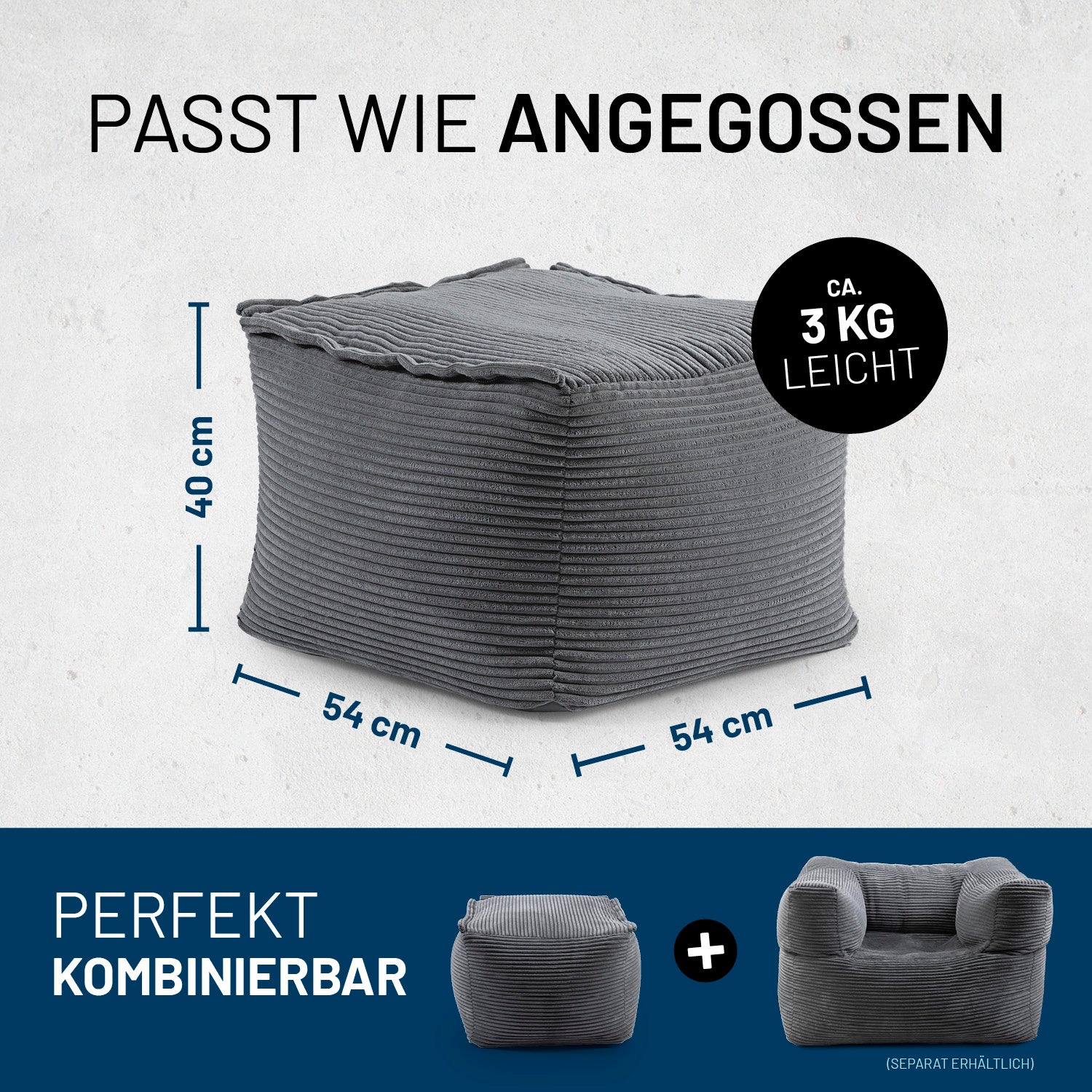 Grauer Hocker mit Maßen 54×54×40 cm und ca. 3  kg, perfekt kombinierbar mit weiteren modularen Sitzelementen.