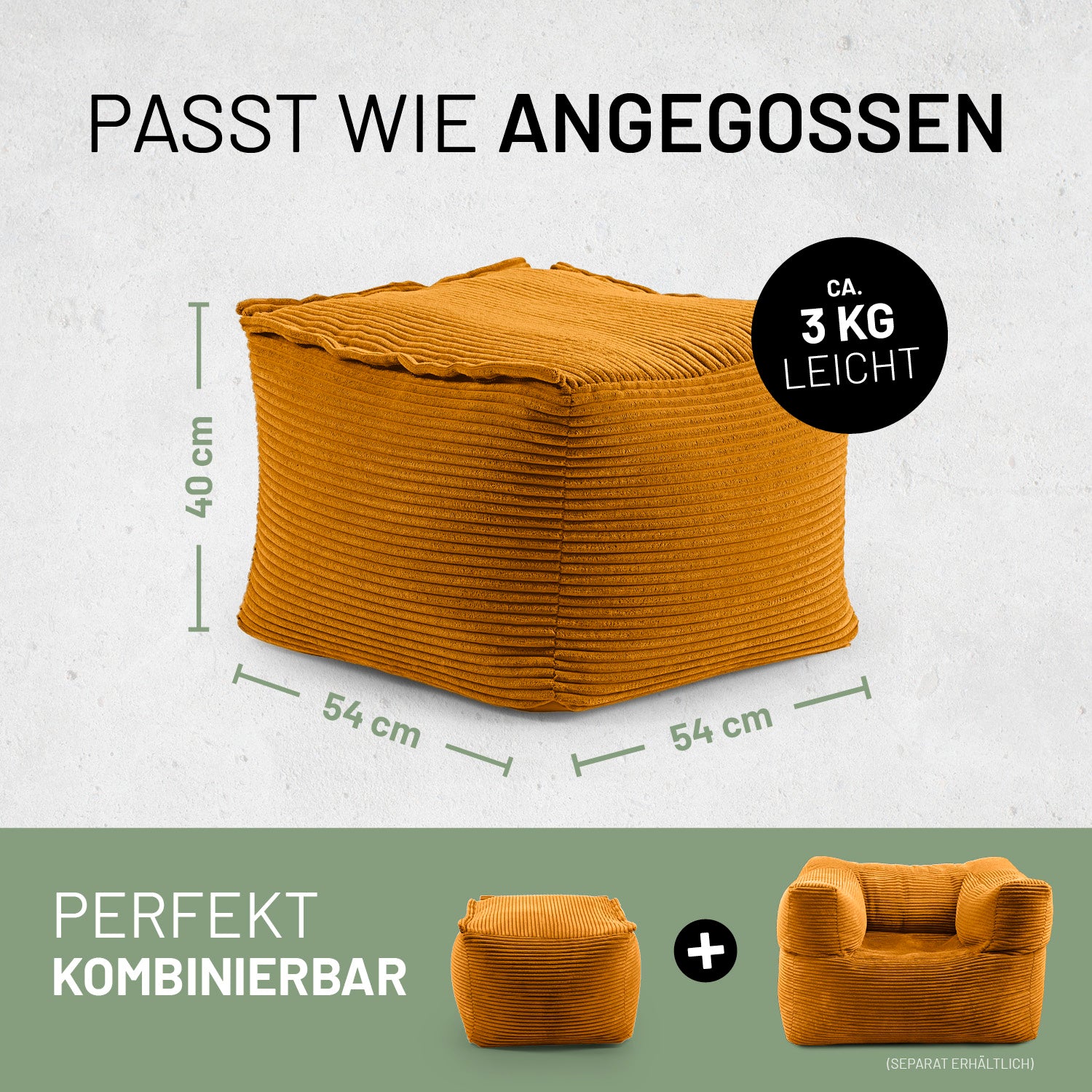 Senfgelber Hocker mit Maßen 54×54×40 cm und ca. 3  kg, perfekt kombinierbar mit weiteren modularen Sitzelementen.
