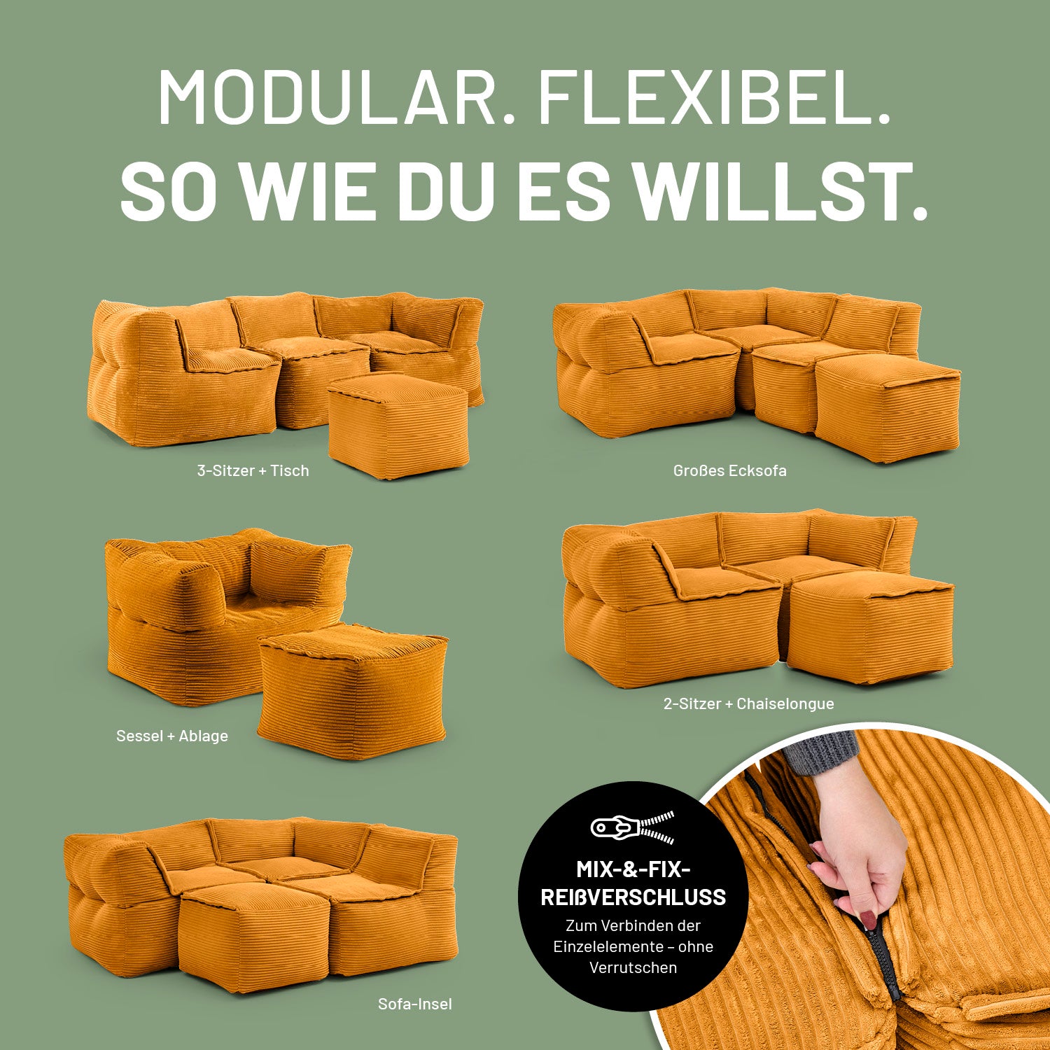 Verschiedene Kombinationsmöglichkeiten des Modularen Systems dank Mix-&-Fix-Reißverschluss.