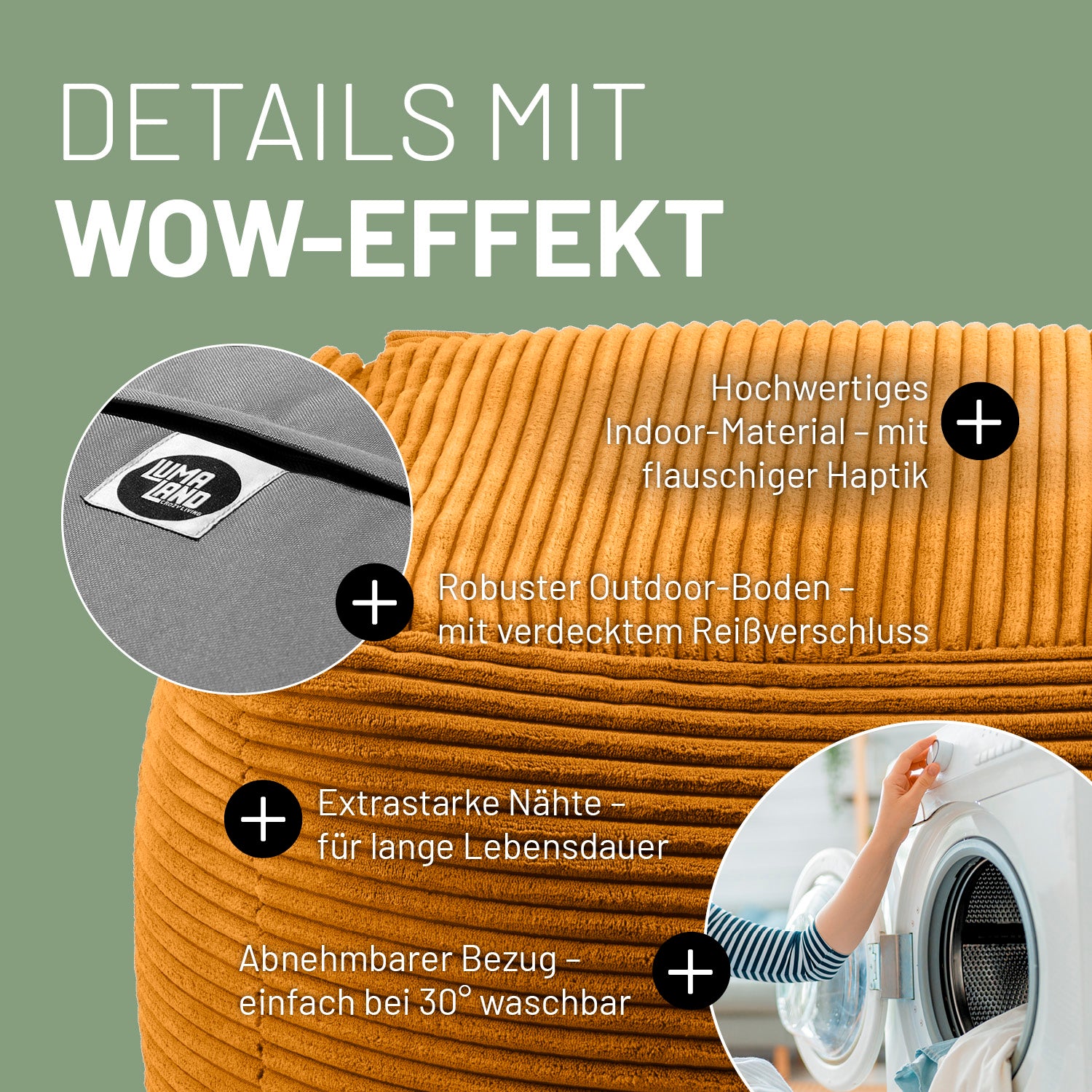 Modularer Hocker in Senfgelb mit Produktinformationen: Verdeckter Reißverschluss, robuste Unterseite, waschbarer Bezug und extrastarke Nähte.