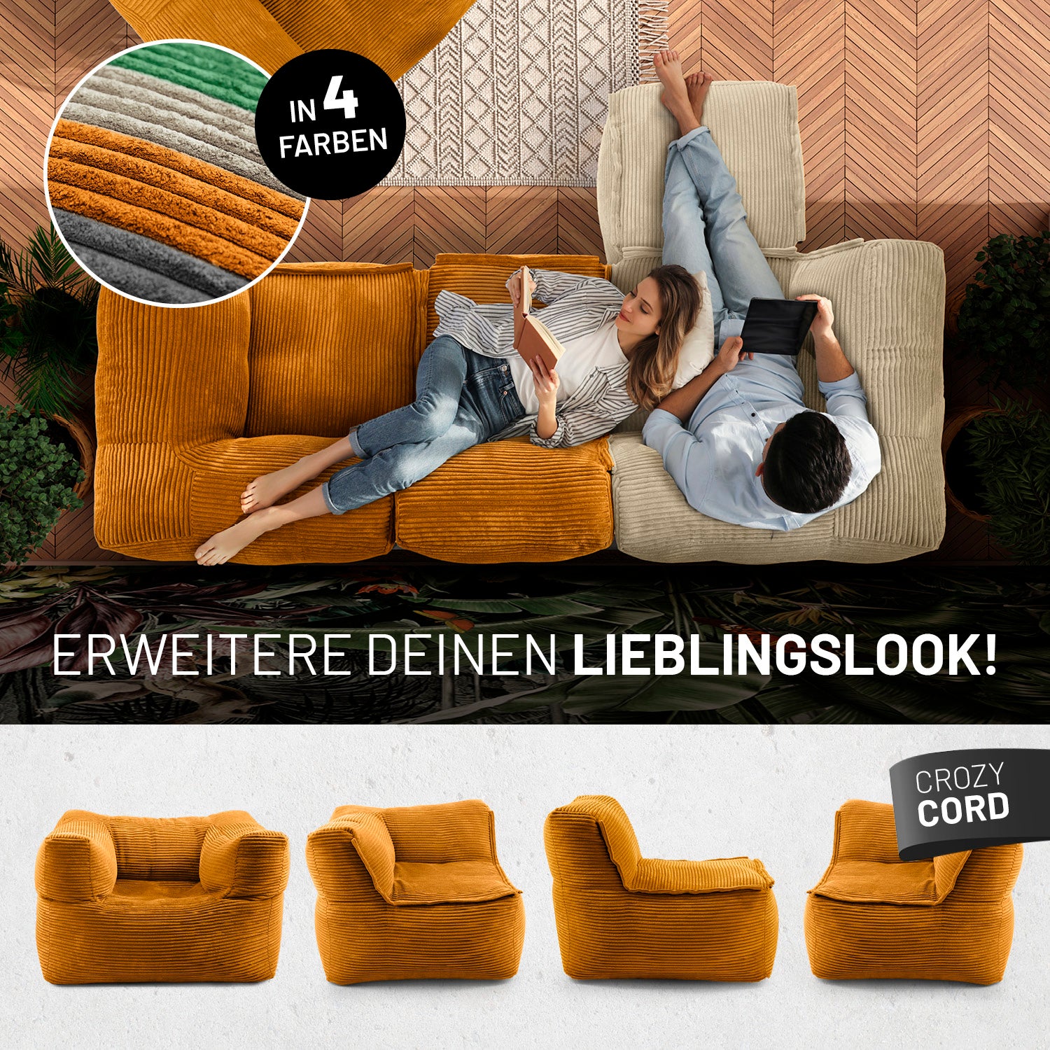 Frau mit Buch und Mann mit Tablet entspannen auf dem Cord-Sofa in einem modernen Wohnzimmer aus der Vogelperspektive - Darunter passende Produkte in anderen Shapes.