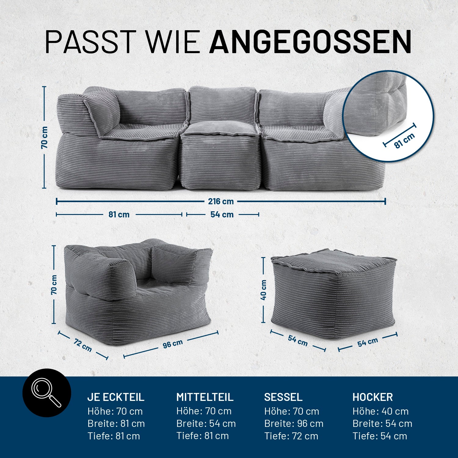 Alle einzelnen Module des 5-teiligen Basic-Sets in Grau aus der LUMALAND CORD-Reihe inkl. Maßangaben. 