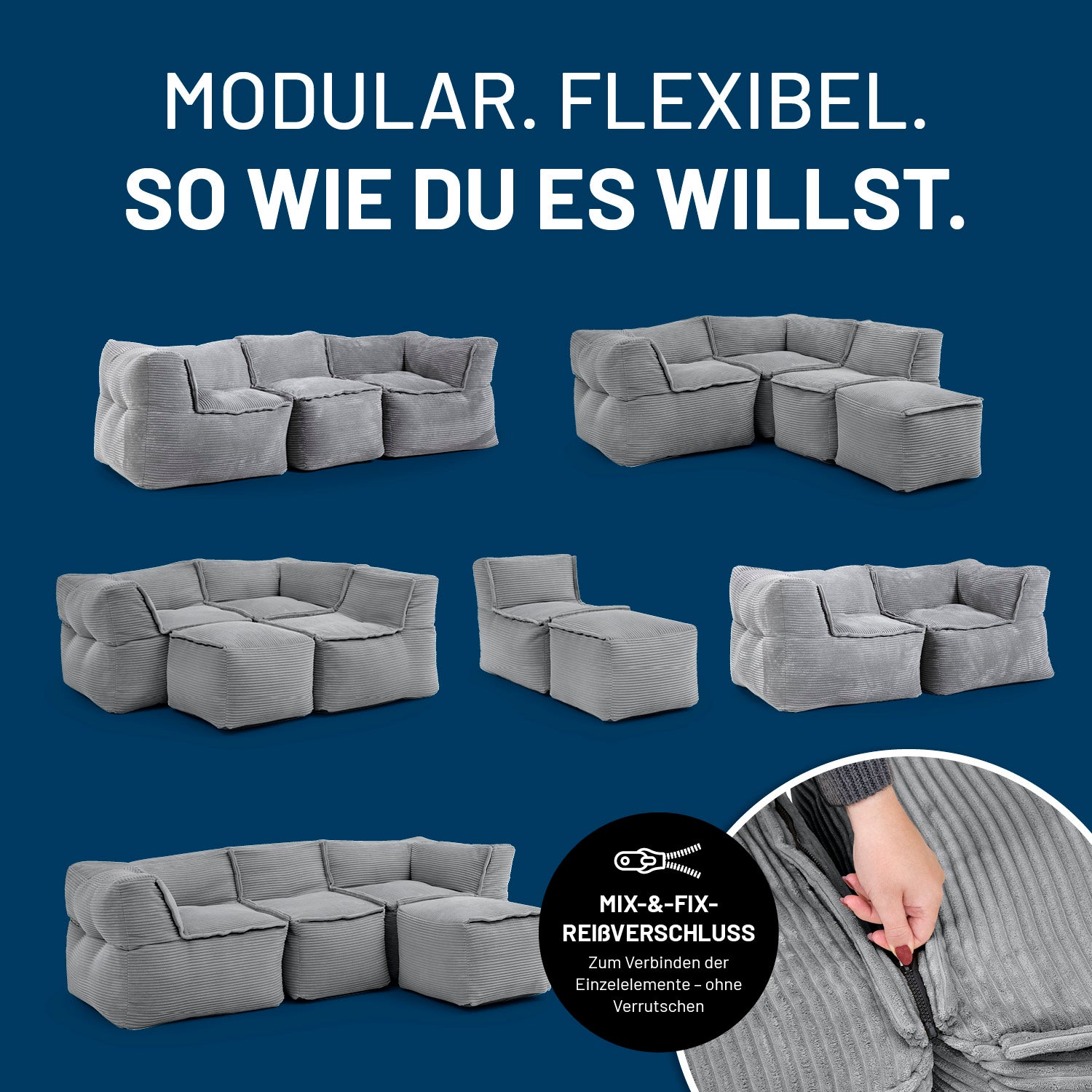 Verschiedene Kombinationsmöglichkeiten des Modularen Systems dank Mix-&-Fix-Reißverschluss.