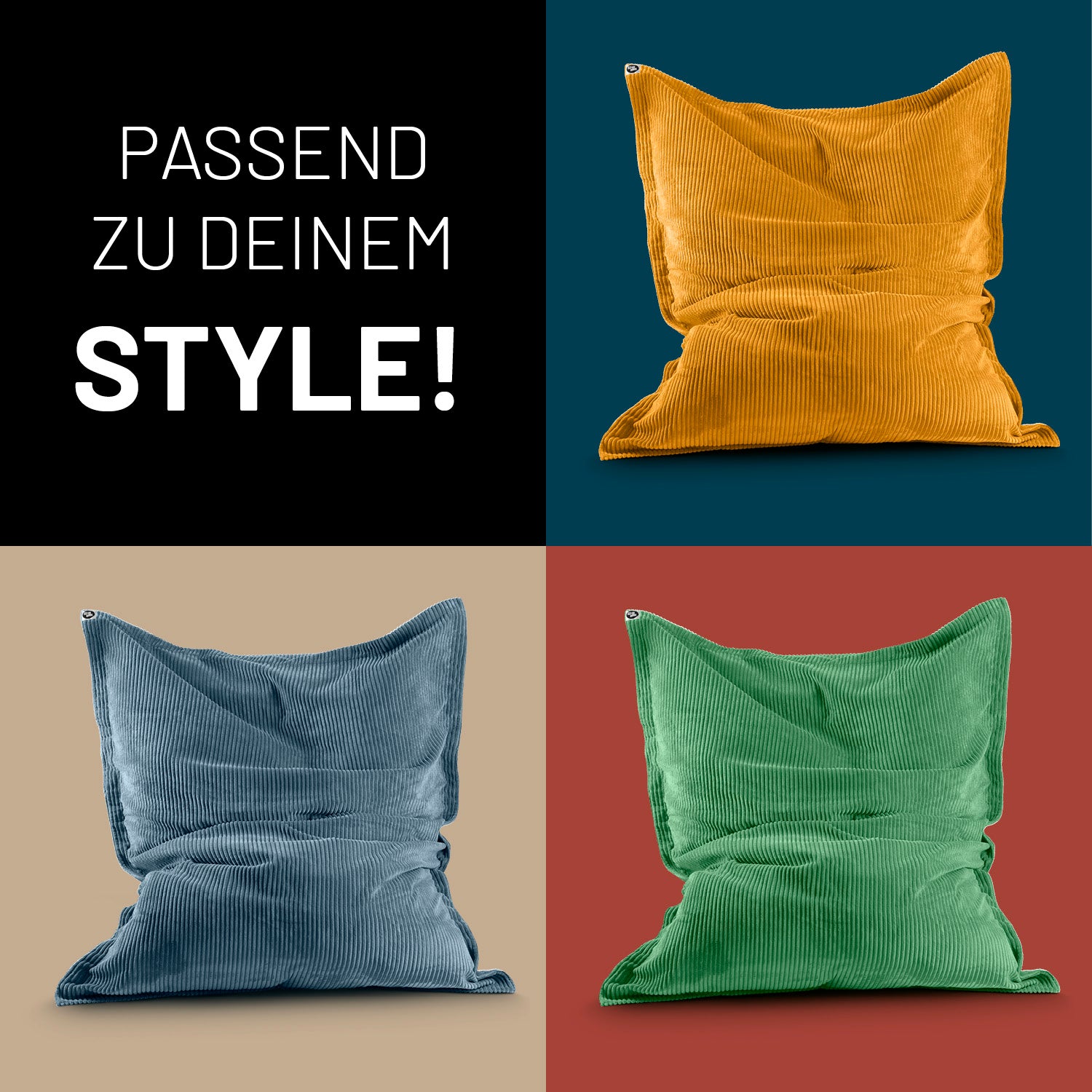 Drei verschiedene Farben des LUMALAND XXL Sitzsack aus der Cord-Reihe vor Kontrastfarben in Kacheln - Passend zu deinem Style!