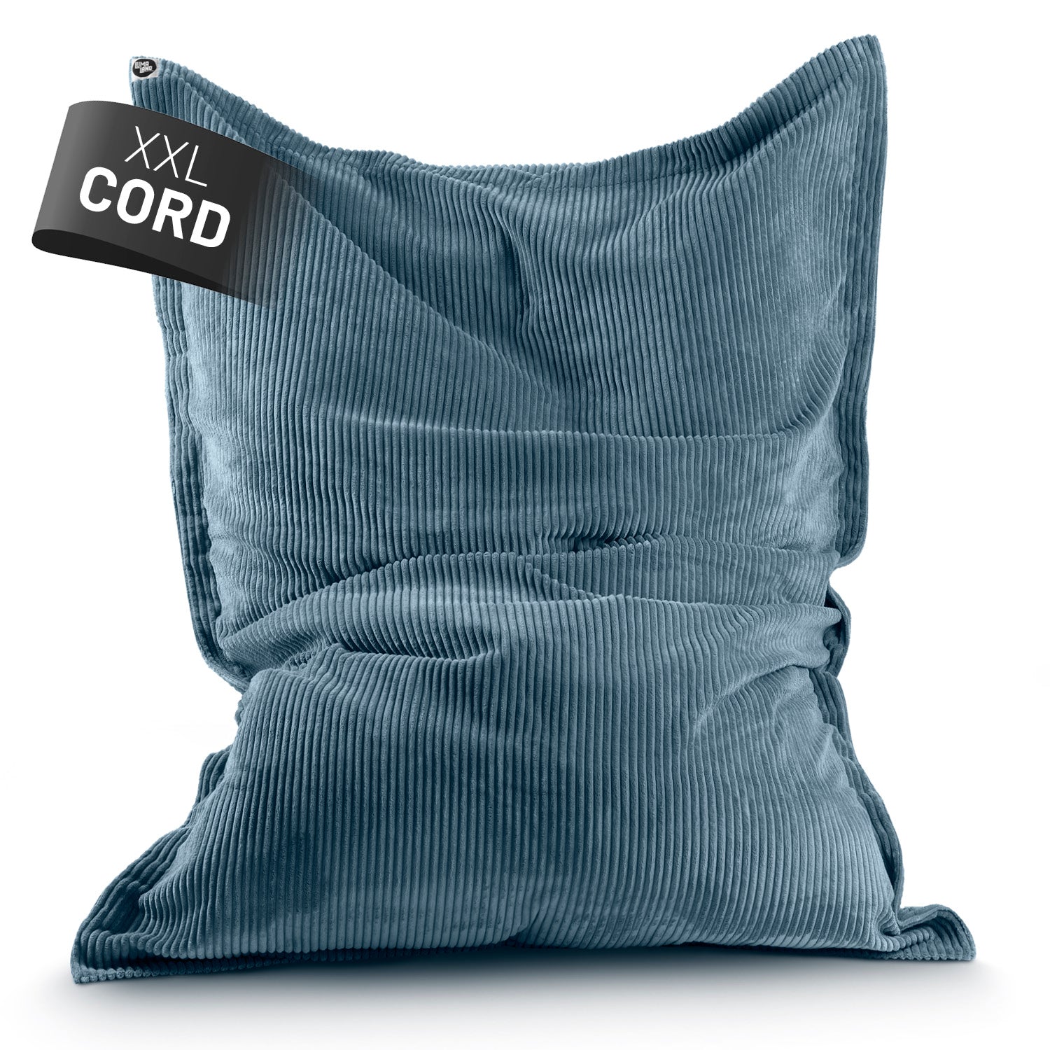 LUMALAND XXL Sitzsack Cord in Navyblau vor weißem Hintergrund und einem Label "XXL Cord".