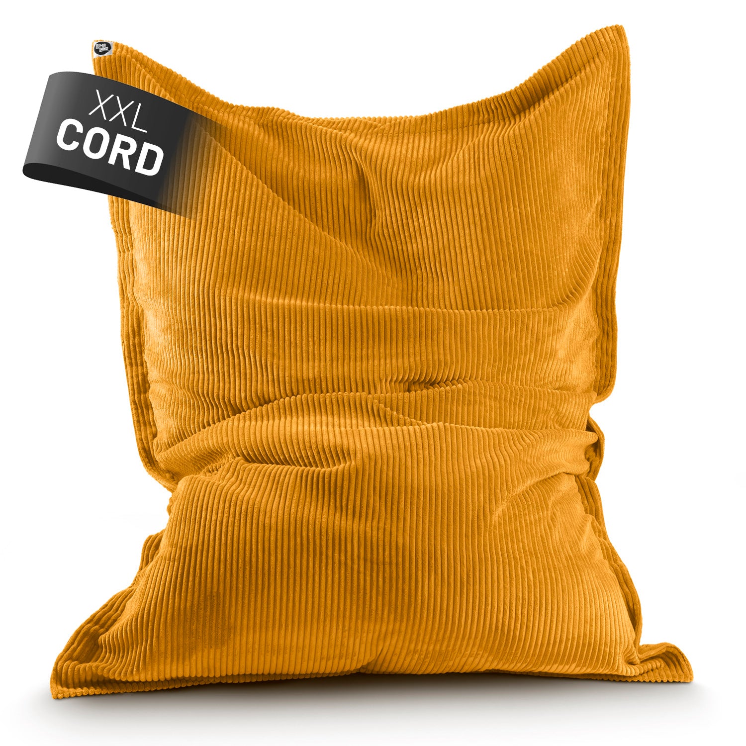 LUMALAND XXL Sitzsack Cord in Senfgelb vor weißem Hintergrund und einem Label "XXL Cord".