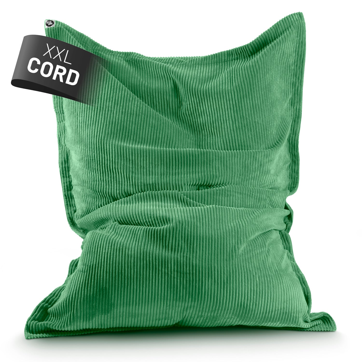 LUMALAND XXL Sitzsack Cord in Dunkelgrün vor weißem Hintergrund und einem Label "XXL Cord".