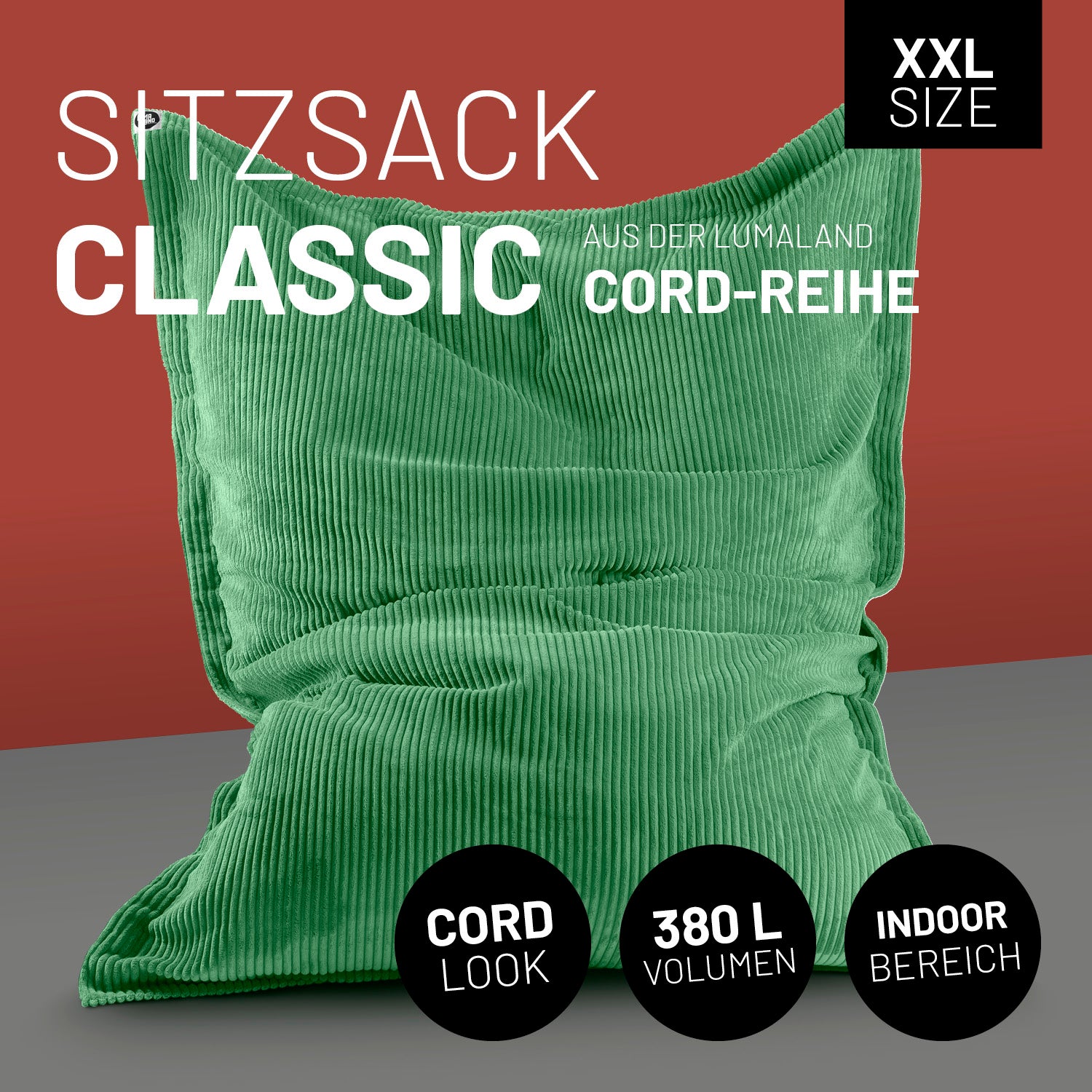 XXL Sitzsack Cord in Dunkelgrün mit Icons "XXL Size", "Cord Look", "380 L Volumen" und "Indoor Bereich".