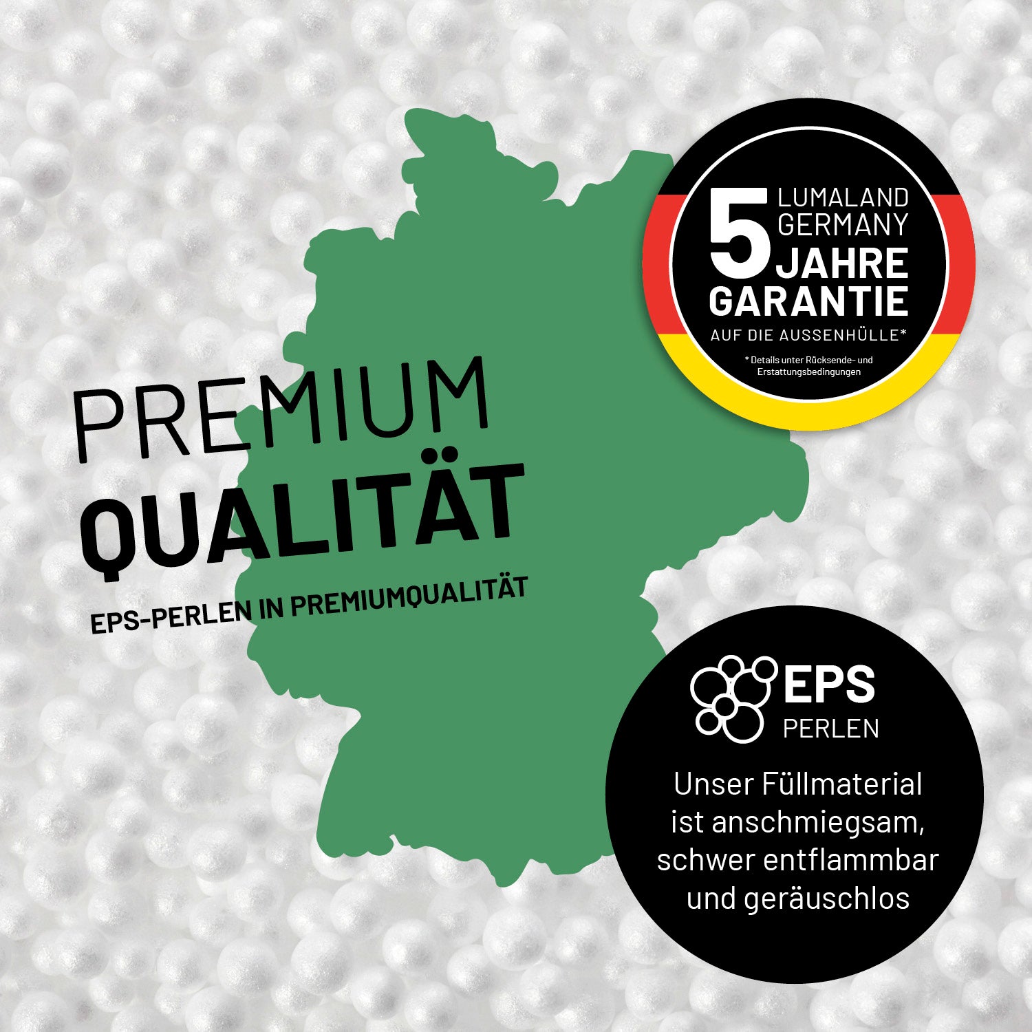 Umrisse der Deutschland-Karte mit Hinweis auf die EPS-Perlen und LUMALAND Germany 5 Jahre Garantie auf die Aussenhülle.