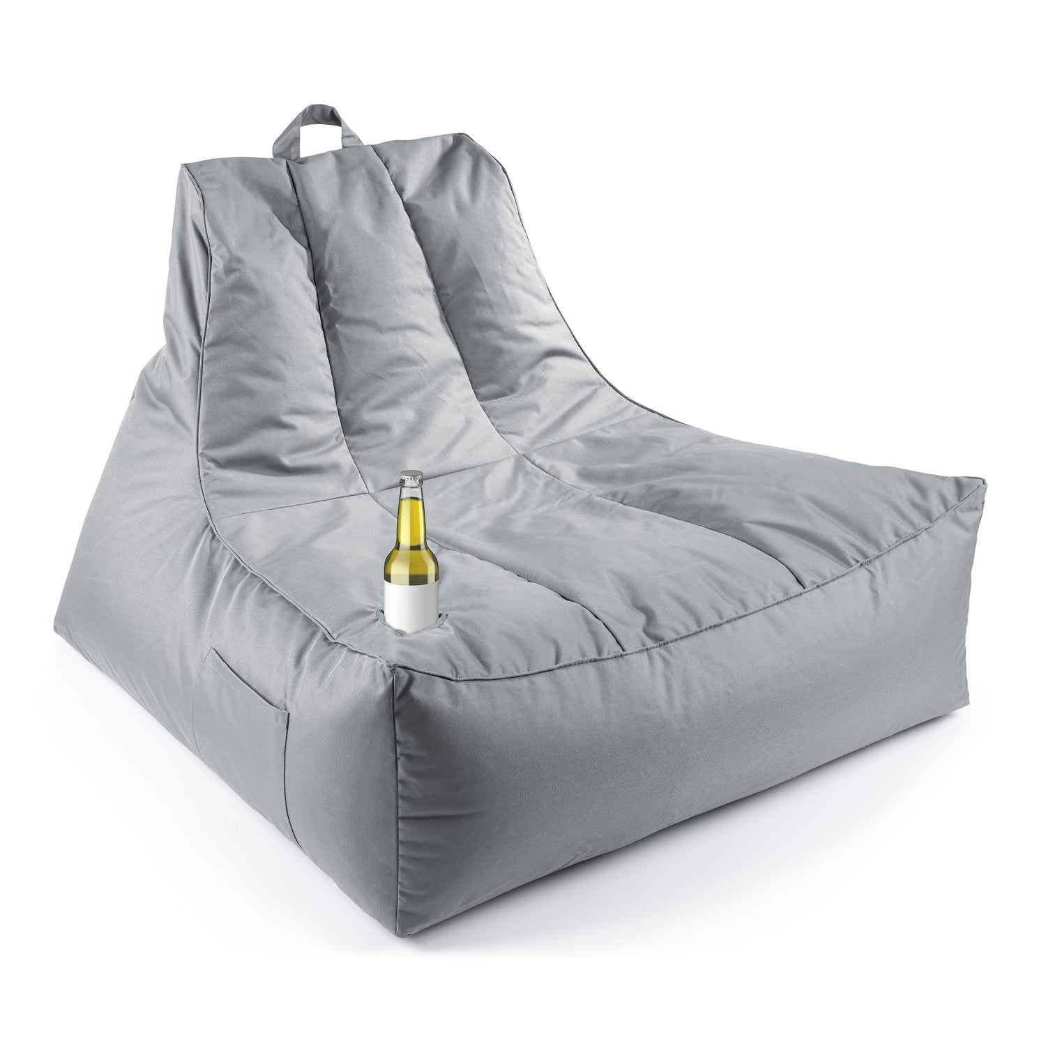 LUMALAND Premium Lounge-Sessel in Grau mit Getränkehalter vor weißem Hintergrund.