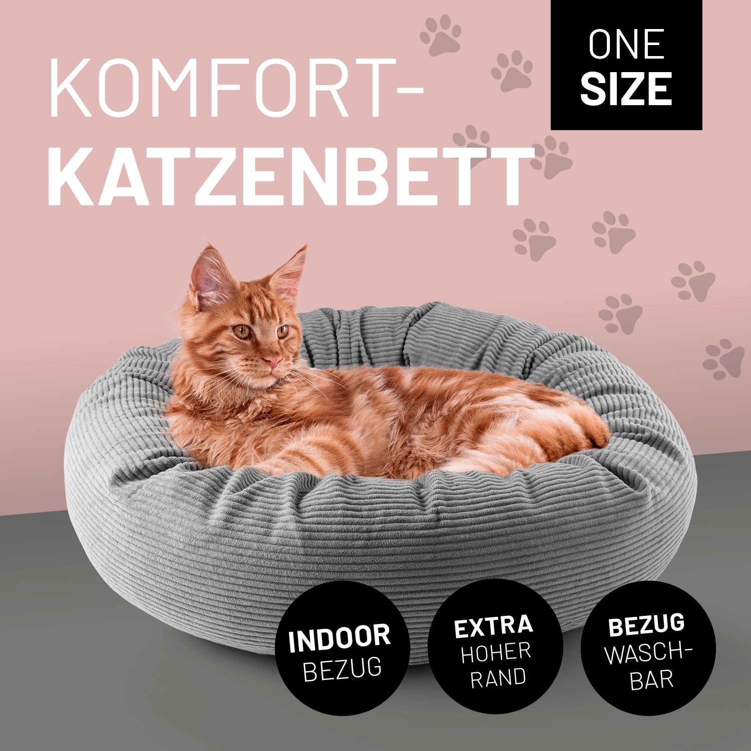 Eine rote Katze iegt im grauen Komfort-Katzenbett. Icon "Indoor Bezug", "Extrahoher Rand" und "Bezug waschbar".