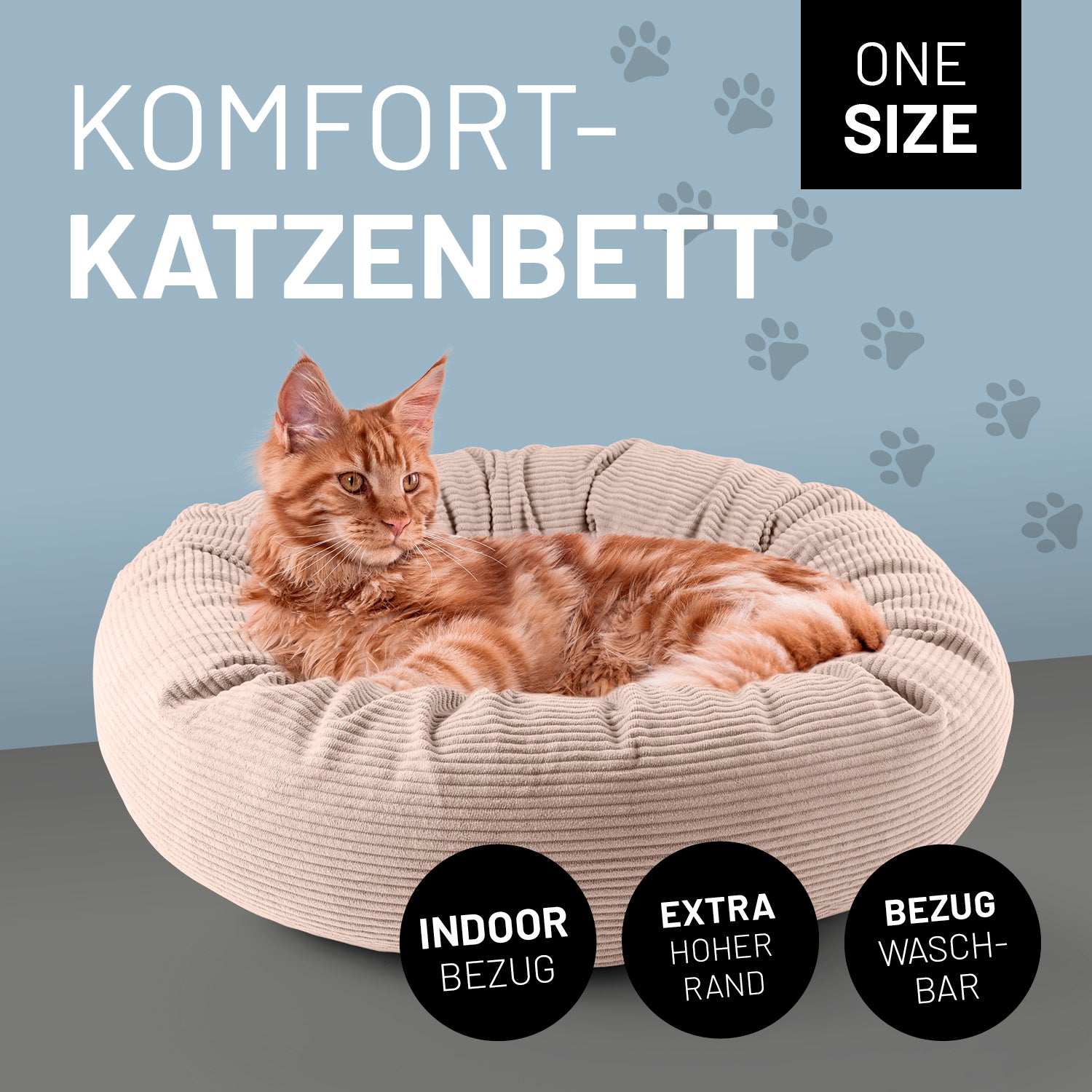 Eine rote Katze iegt im rosanen Komfort-Katzenbett. Icon "Indoor Bezug", "Extrahoher Rand" und "Bezug waschbar".
