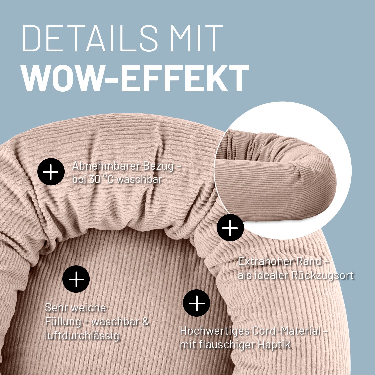 Detailaufnahme des rosa Katzenbettes mit Cord-Bezug. Info zu "Abnehmbarer Bezug", "extrahoher Rand", "Füllung waschbar und luftdurchlässig" und "Hochwertiges Cord-Material".