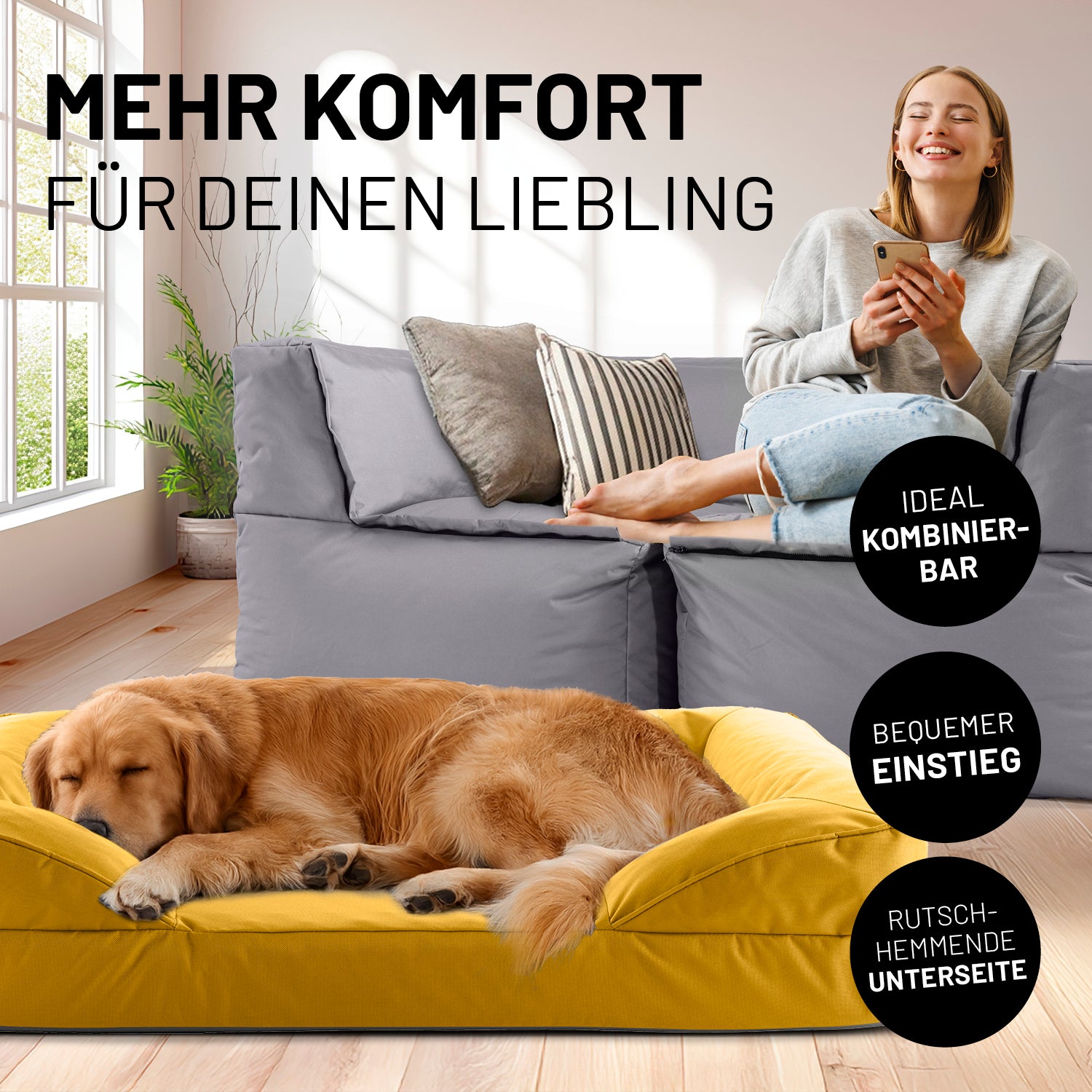 Frau sitzt entspannt auf senfgelben Modularen System, während der Hund im beigen Hundebett liegt. Icons "Ideal kombinierbar", "Bequemer Einstieg" und "Rutschhemmende Unterseite".