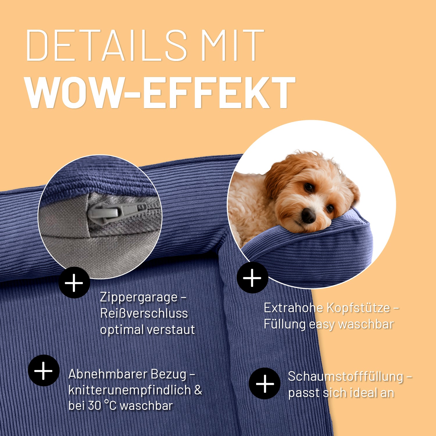 Detailaufnahme des navyblauen Hundebetts mit Cord-Bezug. Info zu "Zippergarage", "abnehmbarer Bezug", "extra hoher Kopfstütze" und "anpassungsfähiger Schaumstofffüllung".