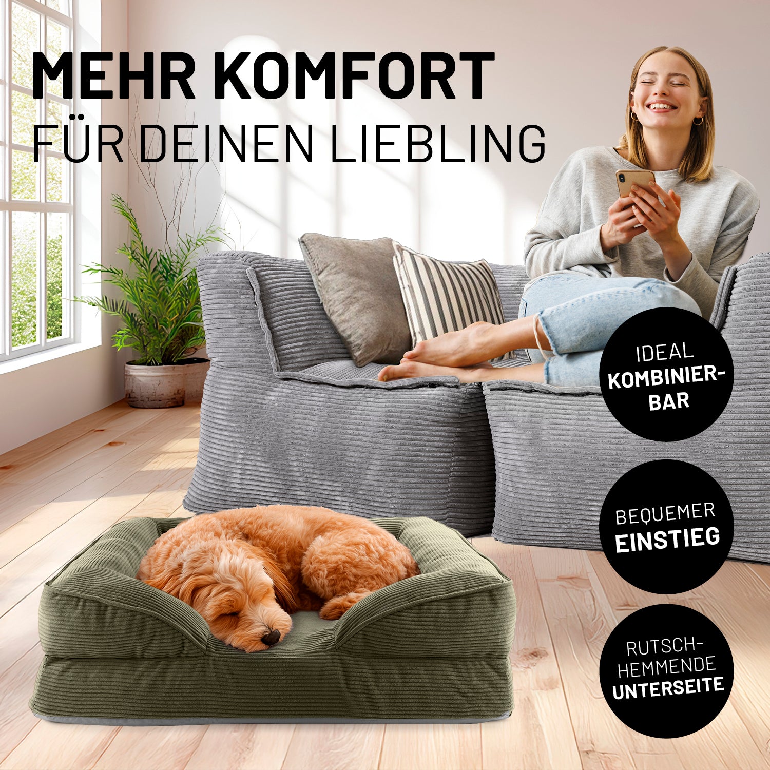 Frau sitzt entspannt auf grauen Modularen System Cord, während der Hund im olivegrünen Hundebett Cord liegt. Icons "Ideal kombinierbar", "Bequemer Einstieg" und "Rutschhemmende Unterseite".