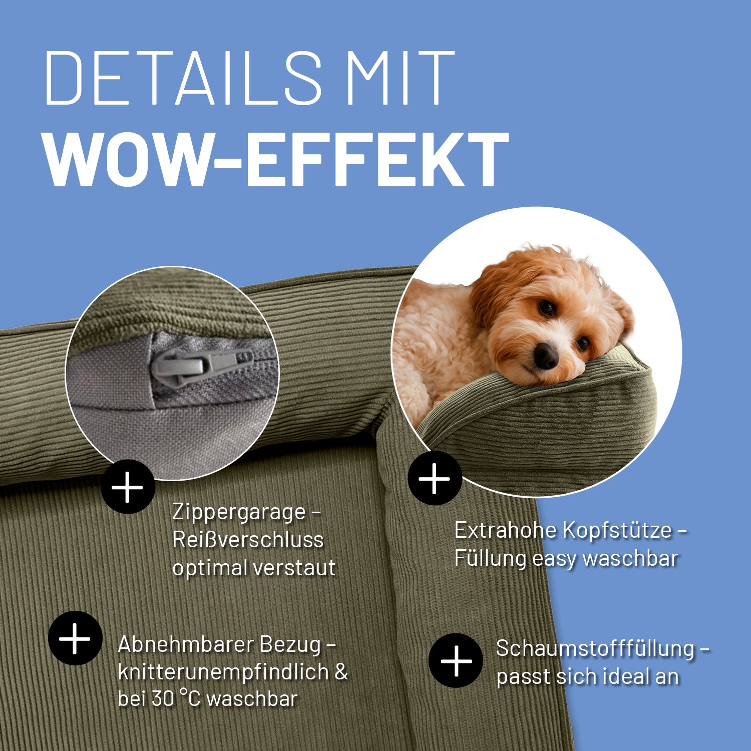 Detailaufnahme des olive farbenden Hundebetts mit Cord-Bezug. Info zu "Zippergarage", "abnehmbarer Bezug", "extra hoher Kopfstütze" und "anpassungsfähiger Schaumstofffüllung".