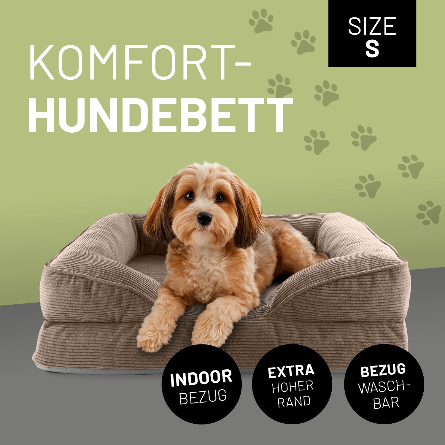 Ein kleiner Hund liegt im hellbraunen Komfort-Hundebett Größe S. Icon "Indoor Bezug", "Extrahoher Rand" und "Bezug waschbar".