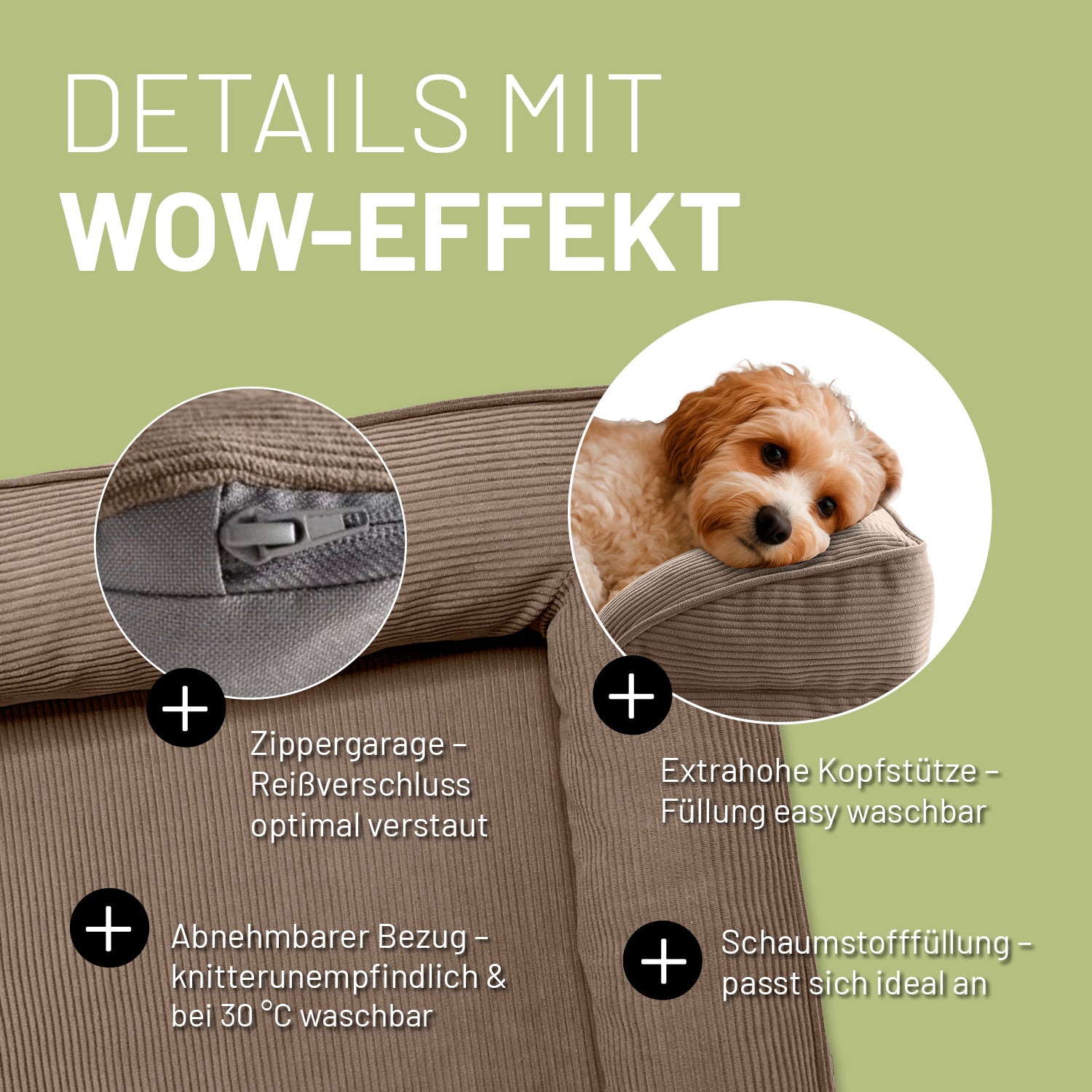 Detailaufnahme des braunen Hundebetts mit Cord-Bezug. Info zu "Zippergarage", "abnehmbarer Bezug", "extra hoher Kopfstütze" und "anpassungsfähiger Schaumstofffüllung".