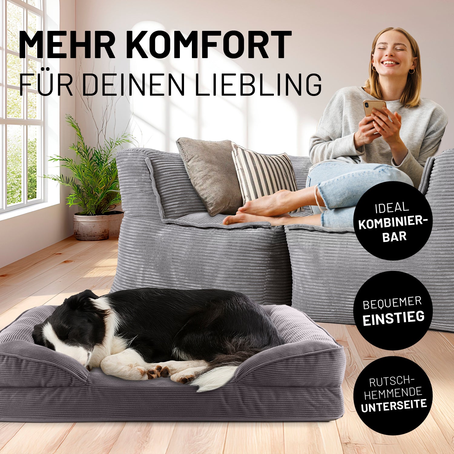 Frau sitzt entspannt auf grauen Modularen System Cord, während der Hund im passenden grauen Hundebett Cord liegt. Icons "Ideal kombinierbar", "Bequemer Einstieg" und "Rutschhemmende Unterseite".
