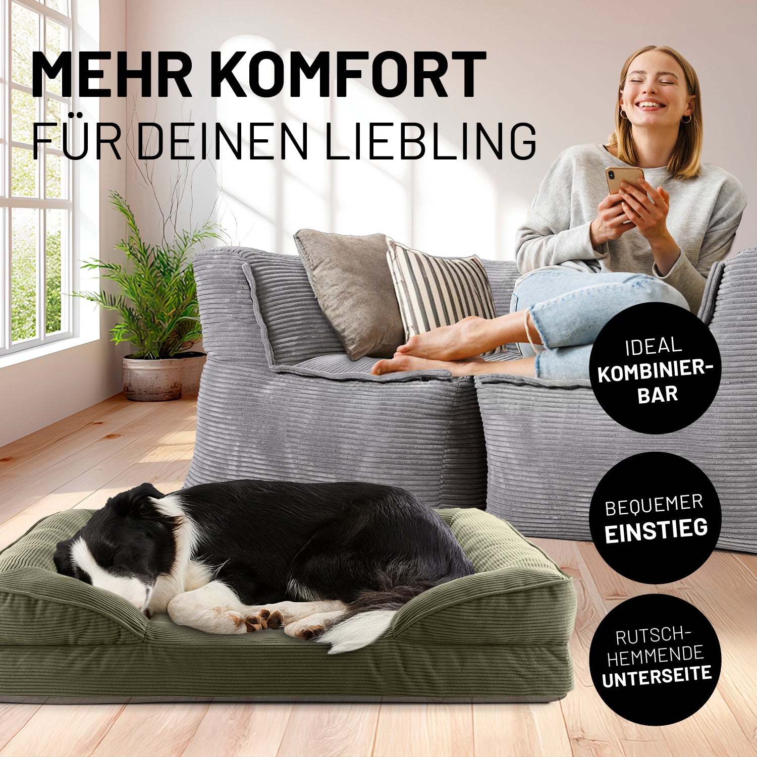 Frau sitzt entspannt auf grauen Modularen System Cord, während der Hund im olivegrünen Hundebett Cord liegt. Icons "Ideal kombinierbar", "Bequemer Einstieg" und "Rutschhemmende Unterseite".