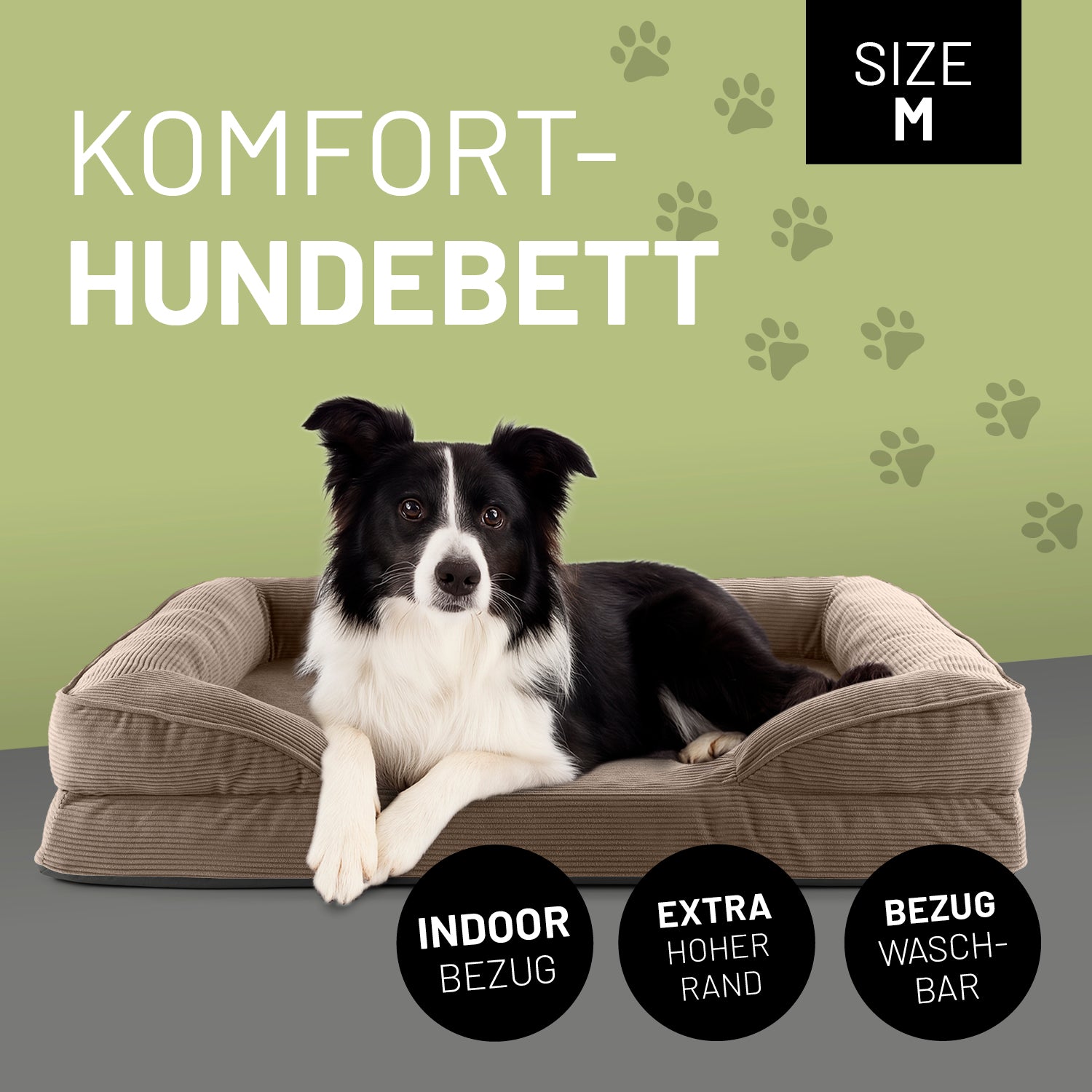 Ein Border Collie liegt im hellbraunen Komfort-Hundebett Größe M. Icon "Indoor Bezug", "Extrahoher Rand" und "Bezug waschbar".