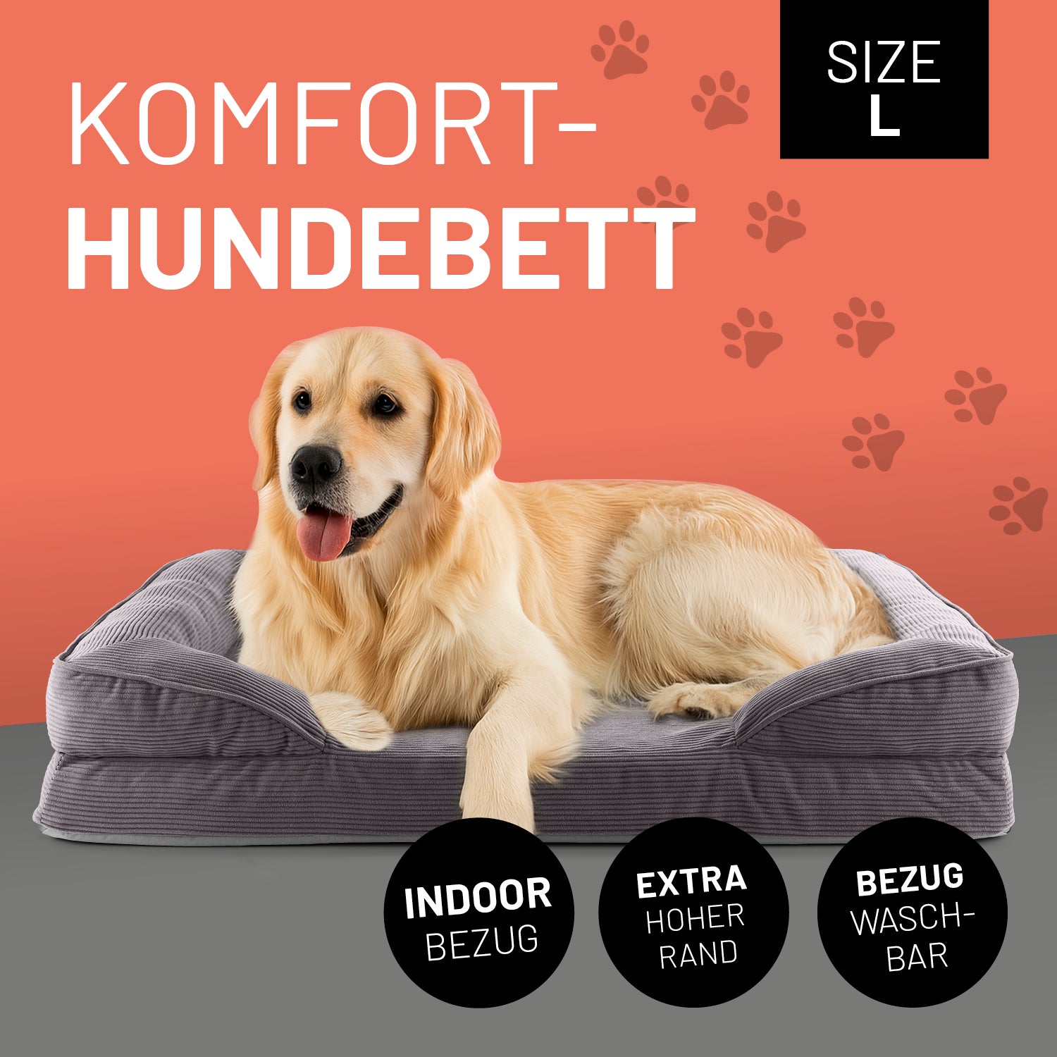 Ein Golden Retriver liegt im grauen Komfort-Hundebett Größe L. Icon "Indoor Bezug", "Extrahoher Rand" und "Bezug waschbar".
