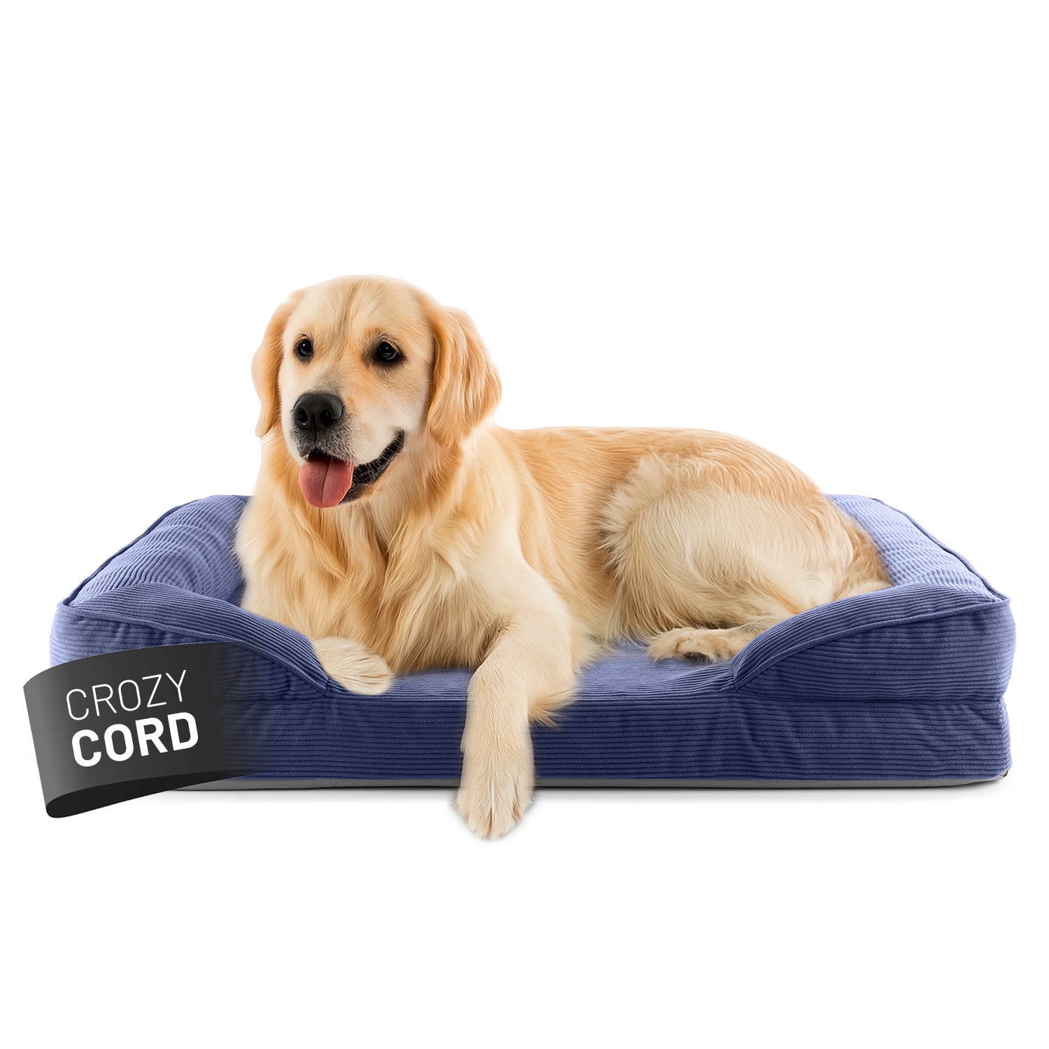 Ein Golden Retriever liegt in dem navyblauen LUMALAND Hundebett mit weichem Cord-Bezug, Vorderpfoten über die Kante gelegt, Blick aufmerksam nach vorne.