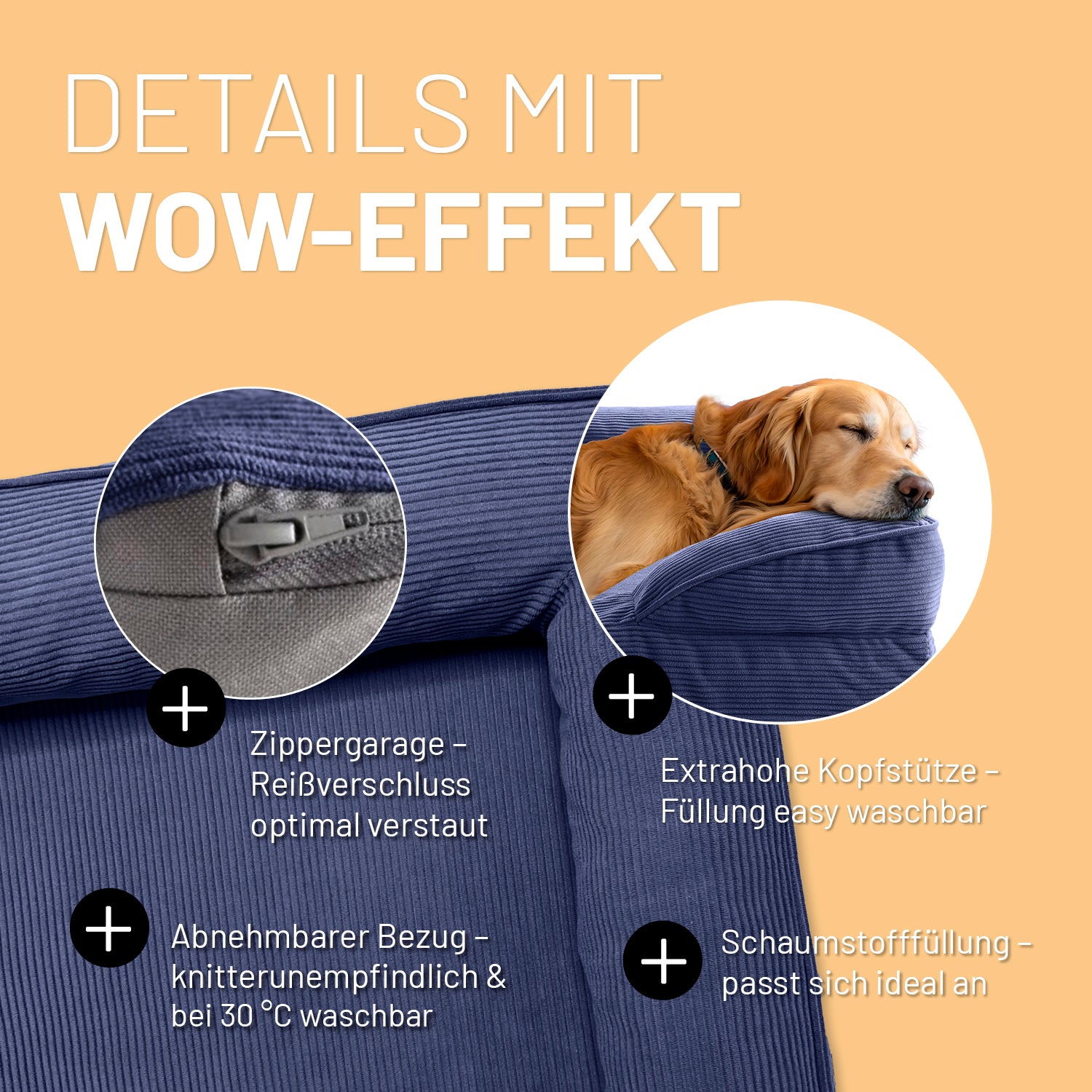 Detailaufnahme des blauen Hundebetts mit Cord-Bezug. Info zu "Zippergarage", "abnehmbarer Bezug", "extra hoher Kopfstütze" und "anpassungsfähiger Schaumstofffüllung".
