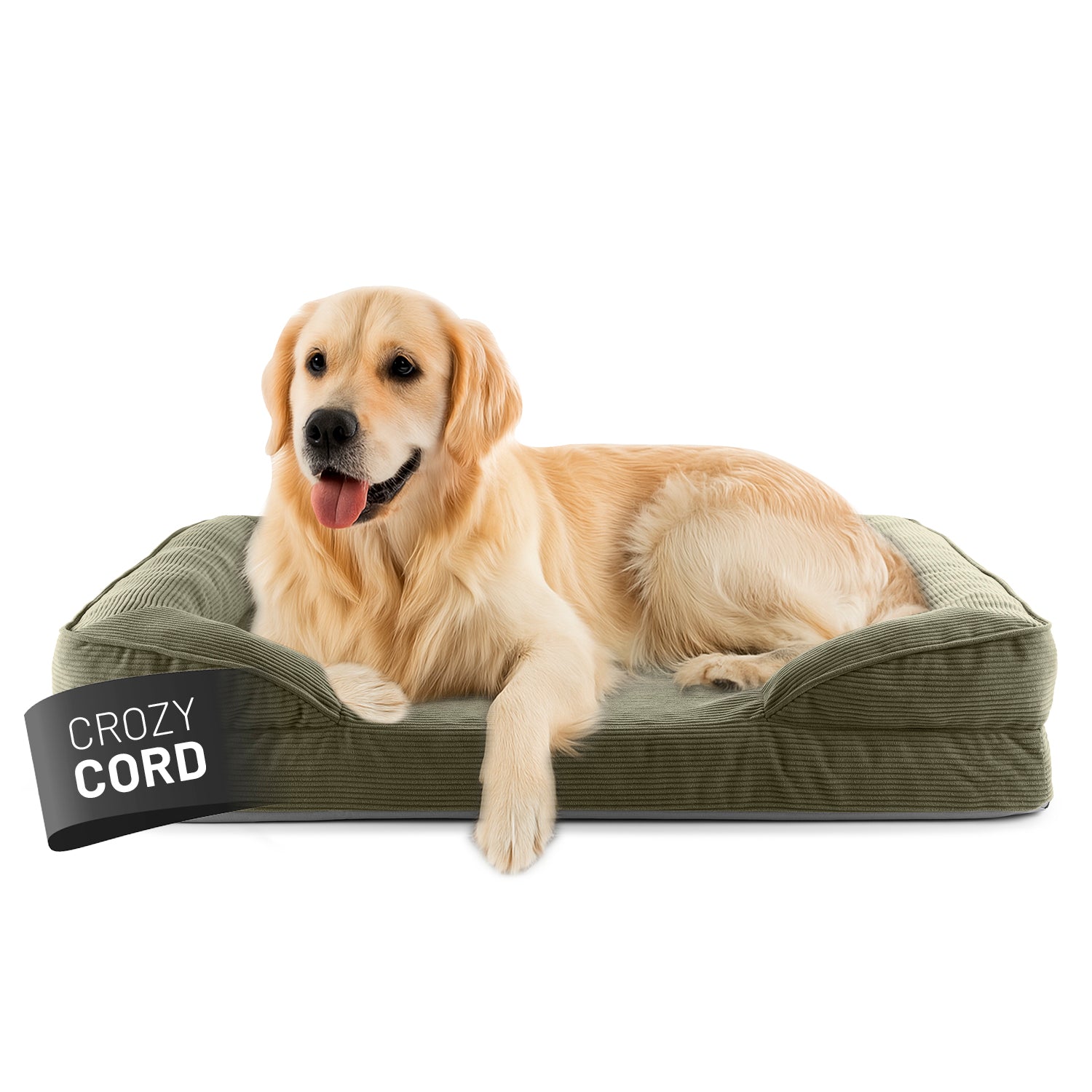 Ein Golden Retriever liegt in dem olivegrün LUMALAND Hundebett mit weichem Cord-Bezug, Vorderpfoten über die Kante gelegt, Blick aufmerksam nach vorne.