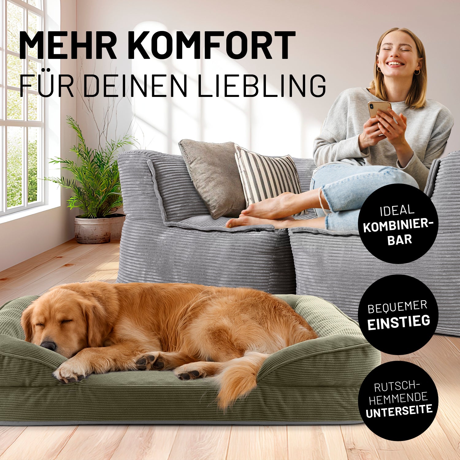 Frau sitzt entspannt auf grauen Modularen System Cord, während der Hund im olivegrünen Hundebett Cord liegt. Icons "Ideal kombinierbar", "Bequemer Einstieg" und "Rutschhemmende Unterseite".