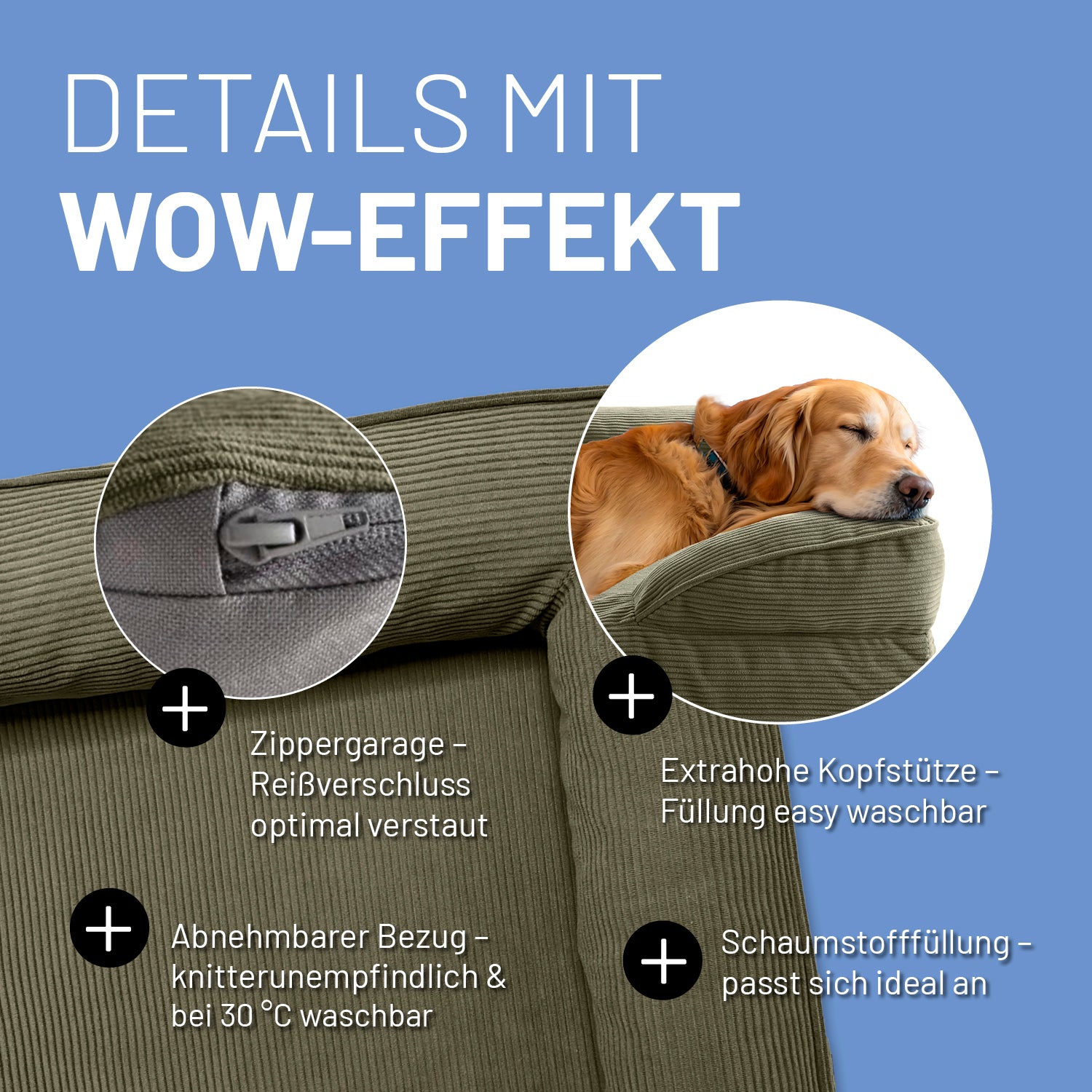 Detailaufnahme des olivgrünen Hundebetts mit Cord-Bezug. Info zu "Zippergarage", "abnehmbarer Bezug", "extra hoher Kopfstütze" und "anpassungsfähiger Schaumstofffüllung".