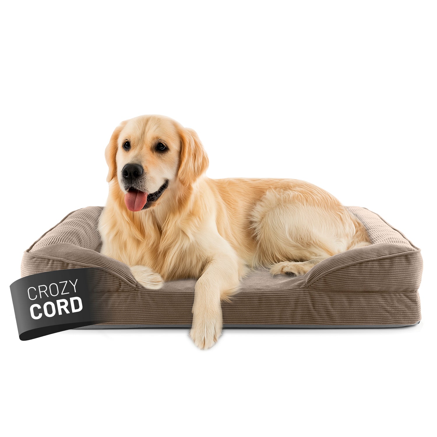 Ein Golden Retriever liegt in dem hellbraunen LUMALAND Hundebett mit weichem Cord-Bezug, Vorderpfoten über die Kante gelegt, Blick aufmerksam nach vorne.
