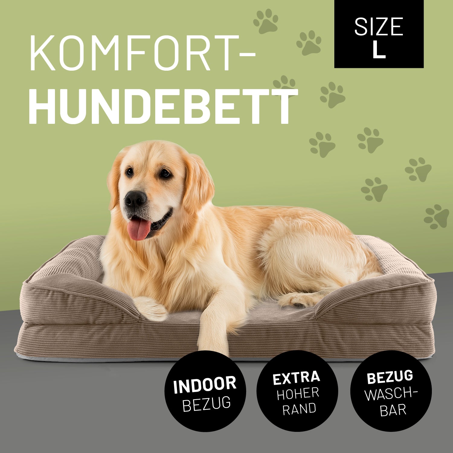 Ein Golden Retriver liegt im hellbraunen Komfort-Hundebett Größe L. Icon "Indoor Bezug", "Extrahoher Rand" und "Bezug waschbar".