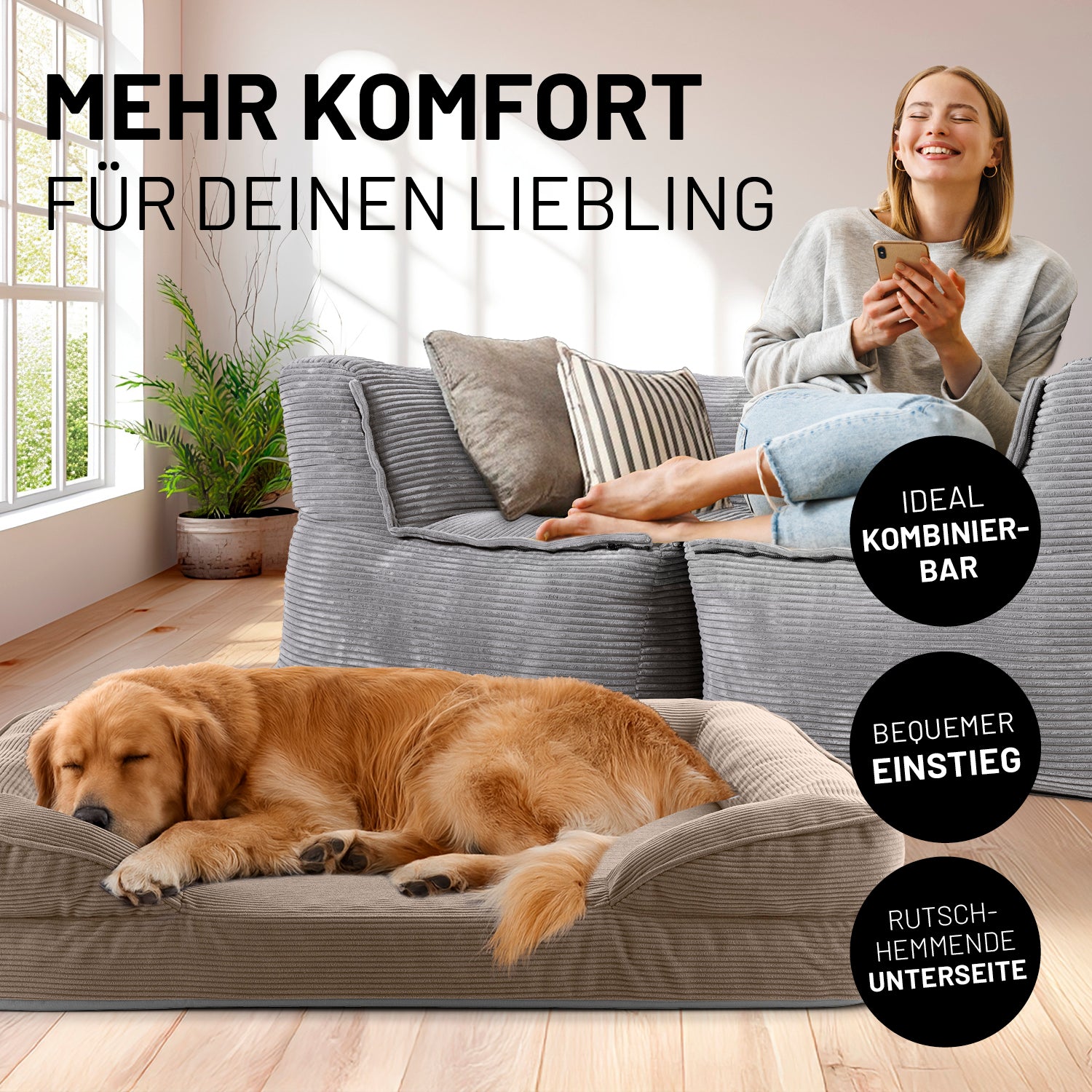 Frau sitzt entspannt auf grauen Modularen System Cord, während der Hund im hellbraunen Hundebett Cord liegt. Icons "Ideal kombinierbar", "Bequemer Einstieg" und "Rutschhemmende Unterseite".