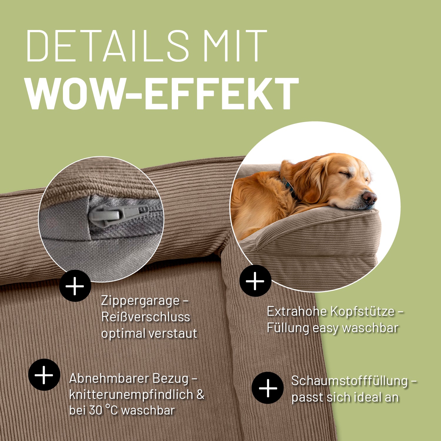 Detailaufnahme des hellbraunen Hundebetts mit Cord-Bezug. Info zu "Zippergarage", "abnehmbarer Bezug", "extra hoher Kopfstütze" und "anpassungsfähiger Schaumstofffüllung".