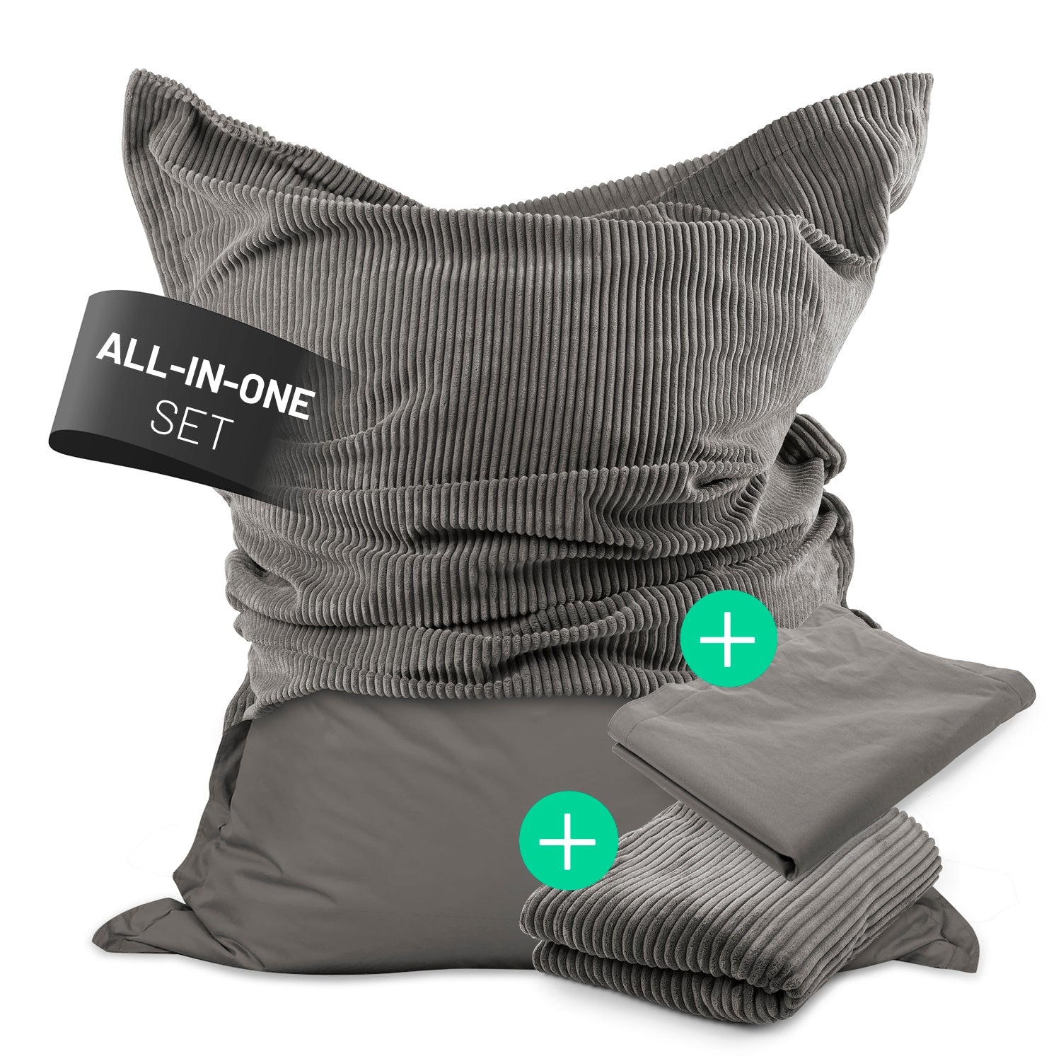 LUMALAND Sitzsack Classic XXL All-in-One Set in Grau vor weißem Hintergrund. Sitzsack zur Hälfte mit Cord-Hülle, zur Hälfte mit Outdoor-Hülle.