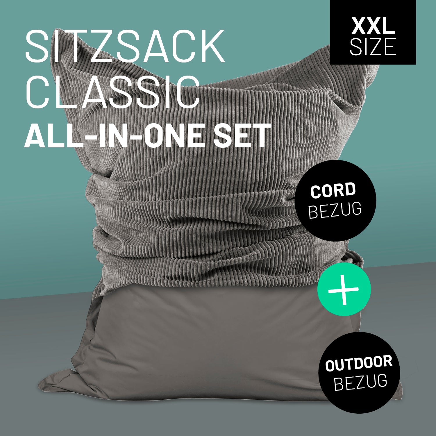 LUMALAND Sitzsack Classic XXL All-in-One Set in Grau mit Icon "XXL Size", "Cord-Bezug + Outdoor-Bezug".
