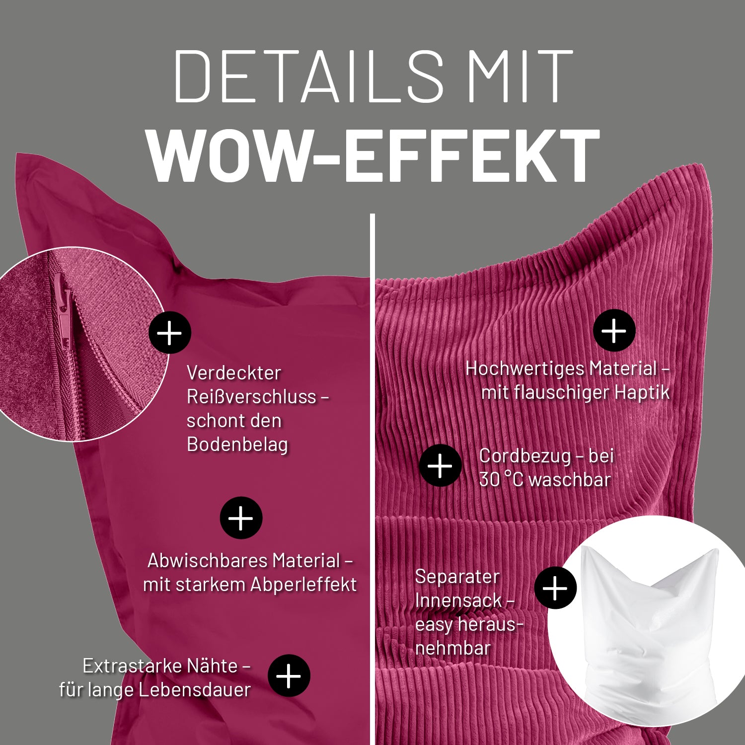 Weinroter Sitzsack mit beiden Bezügen im Detail mit unterschiedlichen Informationen zu den USPs der unterschiedlichen Bezüge.
