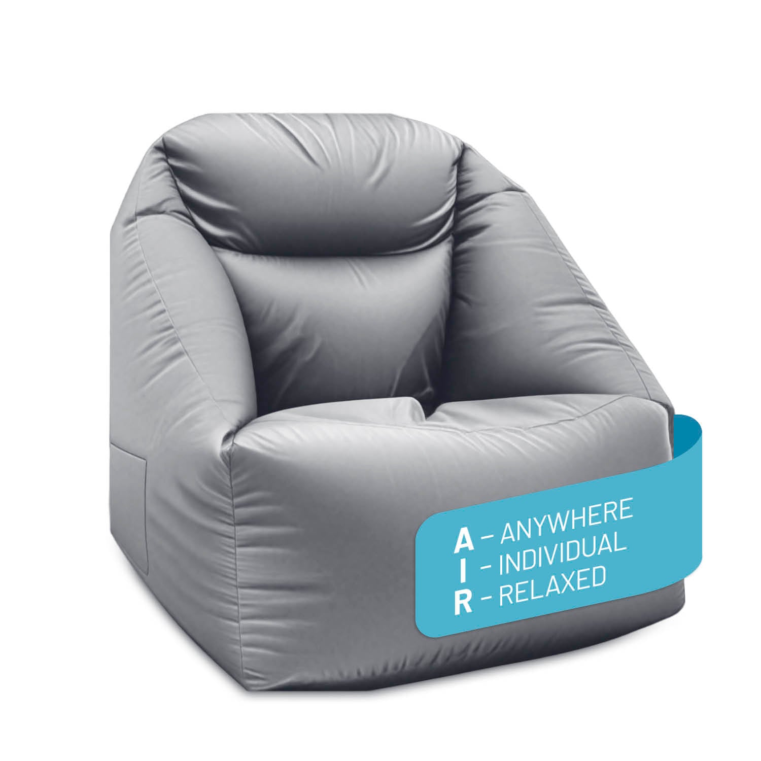 LUMALAND Crozy Air Sessel in Grau, aufblasbarer Loungesessel mit hoher Rückenlehne vor weißem Hintergrund.
